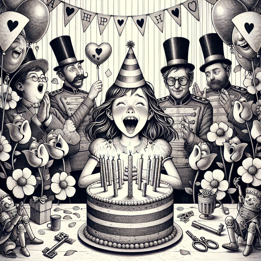 A whimsical birthday party illustration drawing inspiration from a classic fairy tale setting. A young girl overwhelmed with joy is blowing out candles on an unusually balanced cake, encircled by flowers wearing wide smiles. A man wearing an oversized hat appears to be applauding enthusiastically. A stern-looking woman peeks out from behind a curtain of heart-shaped balloons, while two identical boys seem to be amusing themselves with party noisemakers. The fantastical atmosphere is amplified by the backdrop featuring card soldiers bearing the symbol of a heart, marching as if in a procession. Wherever you look, you can find a pocket watch and a key subtly incorporated into the design.
Generated with these themes: Alice in wonderland .
Made with ❤️ by AI.
