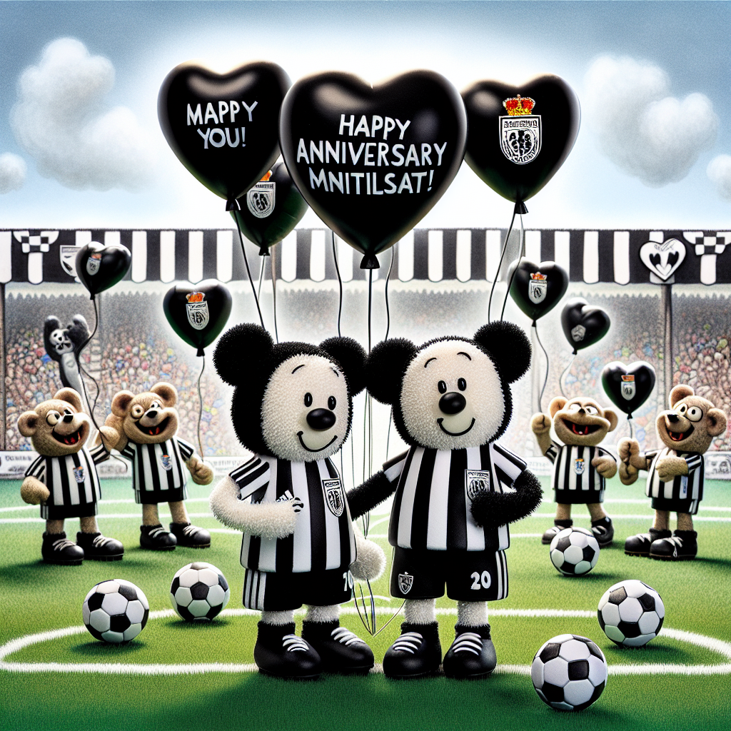 A charming animation illustrates an anniversary celebration, where the atmosphere is enveloped with the iconic black and white stripes reminiscent of a classical football club. In the heart of the scene are two endearing animal characters, not attached to any specific franchise, who don miniature football kits as they hold each other's paws. The backdrop features heart-shaped balloons that carry a simple soccer emblem. Their joyful expressions create a sense of happiness while they stand on a grassy field indicative of a football pitch. Adding a comedic twist to the festivities, a group of cartoonish, creative zombies can be seen merrily playing soccer in the background.
Generated with these themes: Newcastle United FC, Freddie , Harry , and Zombies .
Made with ❤️ by AI.