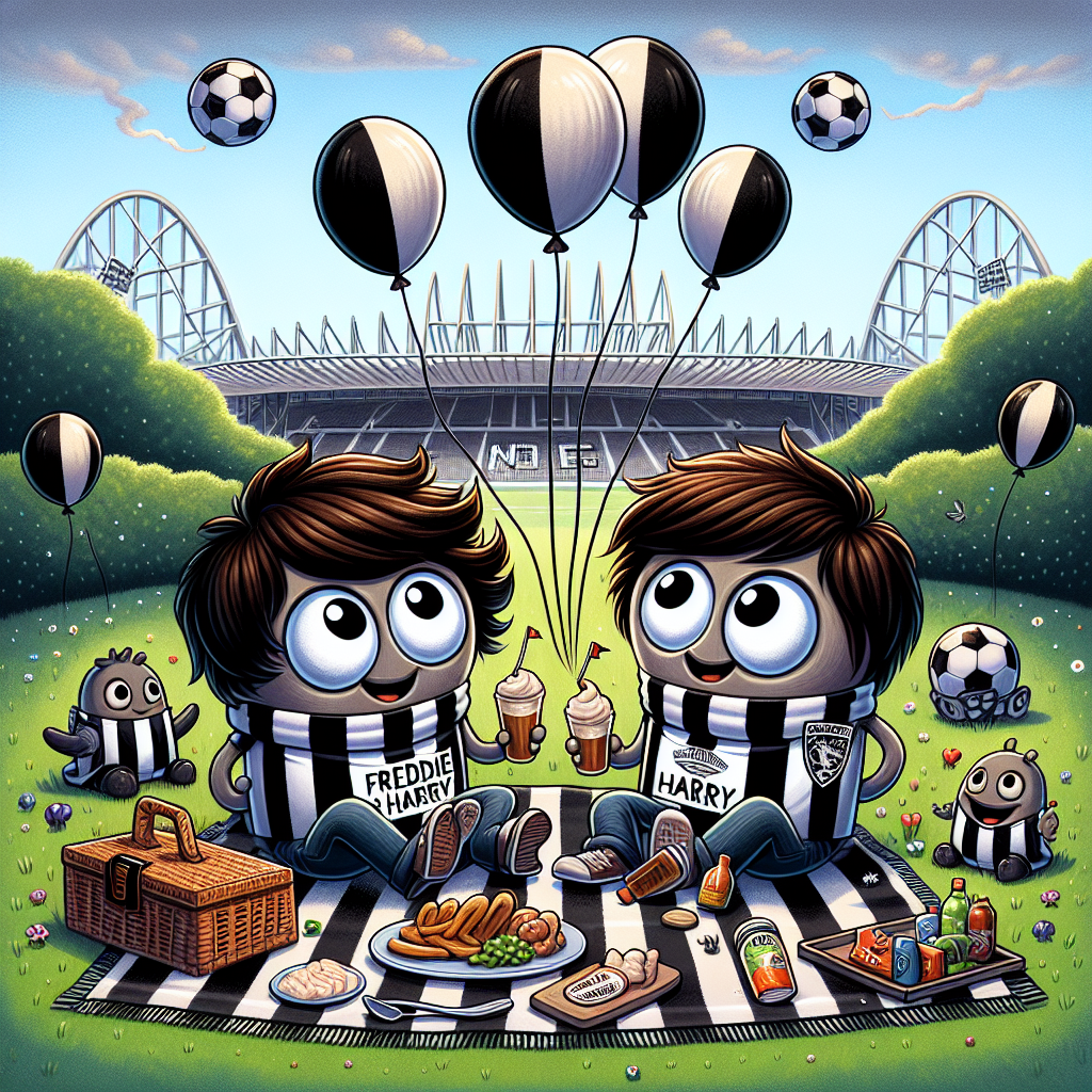 In this delightful cartoon scene celebrating an anniversary, two adorable beings named Freddie and Harry, dressed in football gear similar to those of a famous team from the north-east of England, are having a picnic on a blanket prominently featuring football motifs. They are located in a scenic park, with a landmark stadium, famed for its arches and steep stands, visibly outlining the background. Floating above the pair is a group of balloons in a contrasting black and white color pattern. A quirky cluster of cartoonish undead characters donning team scarves are engaged in a humorous soccer match nearby, introducing a dose of whimsy and the fantastical.
Generated with these themes: Newcastle United FC, Freddie , Harry , and Zombies .
Made with ❤️ by AI.