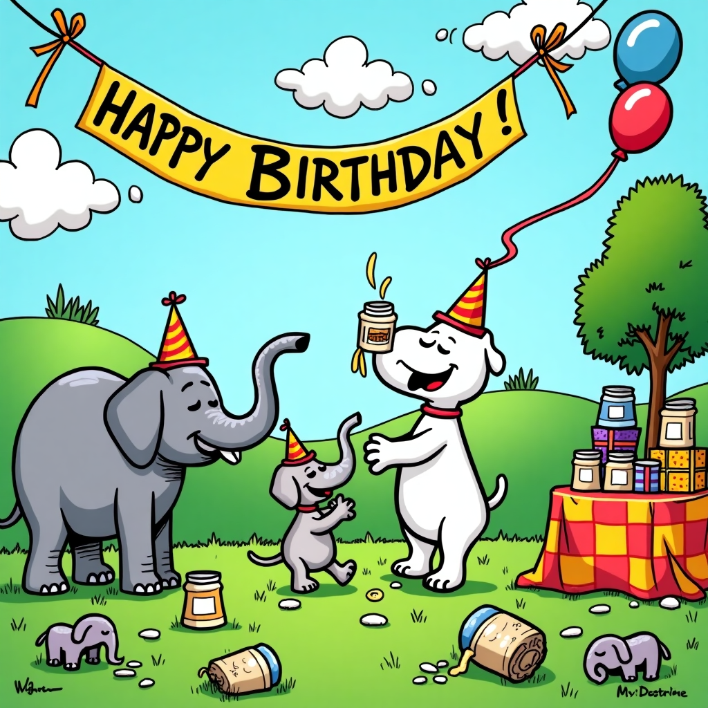 In a whimsical and colorful cartoon landscape, reminiscent of a playful mix of Peanuts and Calvin and Hobbes, we see a lively birthday celebration unfolding. At the center of the scene is a white bull terrier, standing upright on its hind legs, wearing a tiny party hat that sits adorably askew on its head. Its mouth is open in a gleeful grin, and it holds a squeeze bottle of mayonnaise, shooting a squiggly line of the creamy condiment into the air like a bizarre celebratory streamer.

To the left, two elephants of different sizes, perhaps a parent and child, are joyfully participating in the festivities. They have party hats perched on top of their majestic heads, with their trunks playfully intertwining as if they are attempting an intricate dance move. The smaller elephant is enthusiastically balancing a slice of birthday cake on its trunk, and both elephants are covered in dollops of mayonnaise that the bull terrier has inadvertently splattered on them.

The background features a vivid, comic-style landscape of rolling green hills and a bright blue sky with fluffy white clouds shaped suspiciously like more bull terriers. A large, colorful banner stretches across the sky, tied between two cartoonish trees, reading "Happy Birthday!" in bold, cheerful letters. Scattered around the grassy ground are empty mayonnaise jars, some with lids off and others toppled over, with an occasional squirt of mayo oozing out.

To the right, a table adorned with a bright checkered tablecloth holds an assortment of quirky birthday items – a cake shaped like a giant mayonnaise jar, gifts wrapped in elephant-themed paper, and plates and cups haphazardly strewn about, showing signs of a fun but chaotic party in full swing. Balloons in the shapes of both elephants and bull terriers float lazily in the sky, completing the delightful pandemonium.

This entire comical scene is captured in a style that borrows from the simplicity and expressiveness of Schulz, with the exaggerated and imaginative elements that Watterson might employ, resulting in a truly unique and engaging birthday card cover.
Generated with these themes: White bull terrier , Elephants , and Mayonnaise .
Made with ❤️ by AI.