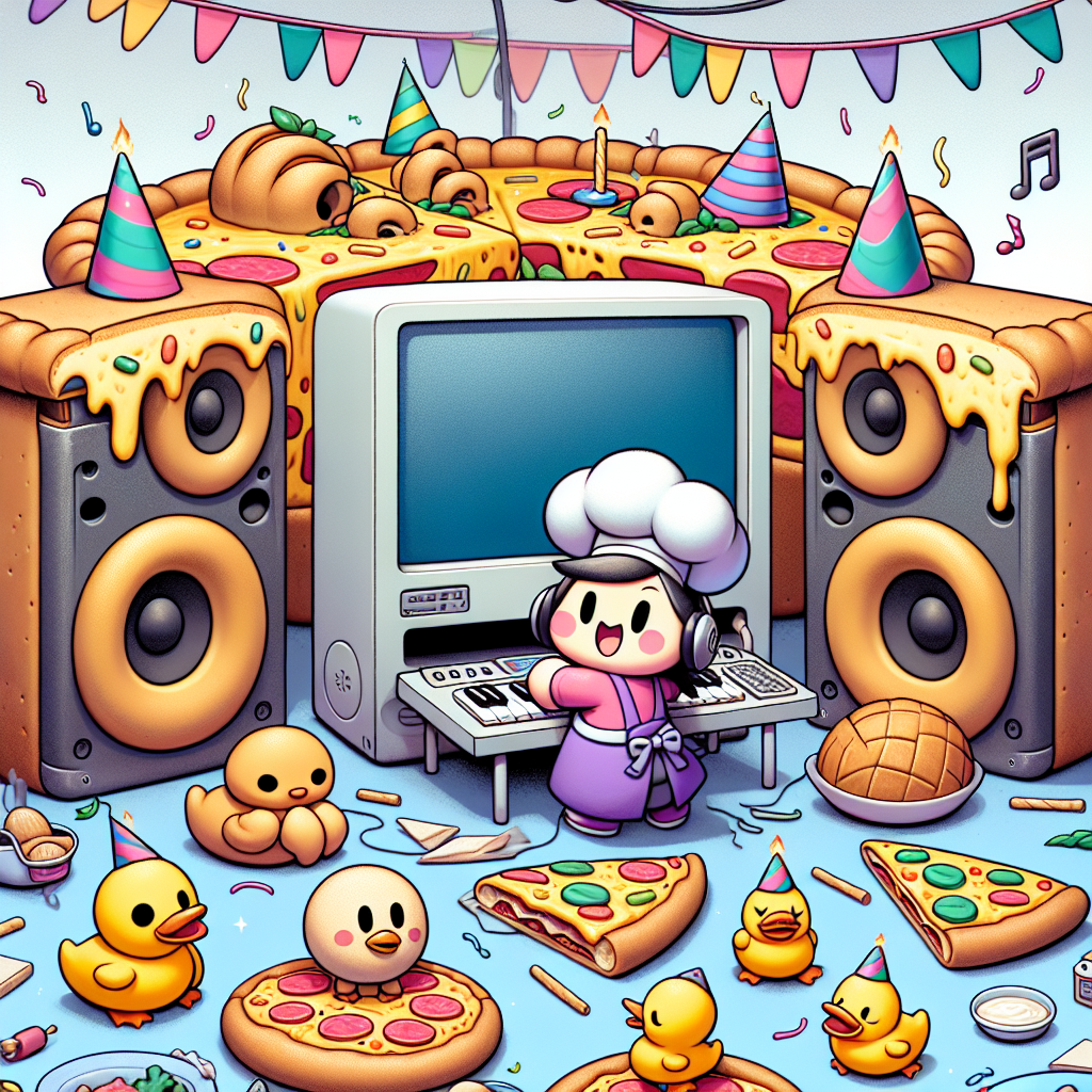 A whimsical, cartoon-styled birthday scene, characterized by giant pizza slice chairs scattered around. A large computer is taking on the role of a DJ booth, with unique bread-loaf speakers flanking it. Adorable ducks wearing party hats can be seen waddling around between the pizza slices, mixing with party guests. The central piece is an imaginative computer-shaped cake, and a South Asian girl character, wearing a chef's hat in delight, kneads the dough on top of it.
Generated with these themes: Computer, Daughter, Ducks, Pizza, and Bread making.
Made with ❤️ by AI.