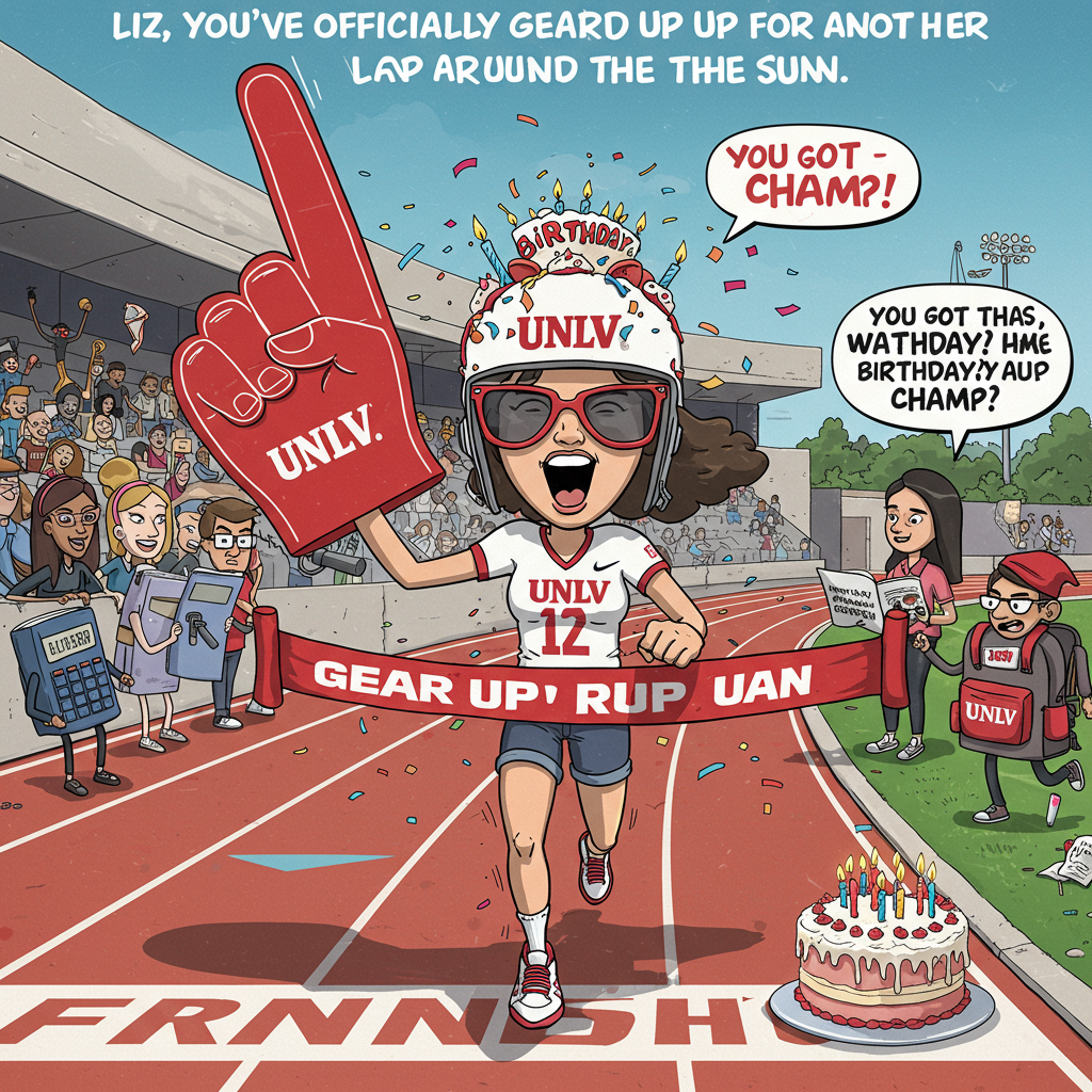 At the top of the cartoon image, “Liz, You’ve Officially Geared Up for Another Lap Around the Sun!”

**Prompt for the image:**

Create a funny cartoon image showing Liz, a cartoon character in full UNLV "Gear Up" attire — oversized red foam finger, Runnin’ Rebels jersey, a helmet with a birthday candle on top, and giant UNLV sunglasses — sprinting dramatically across a university track while confetti explodes around her. On the sidelines, cheering students dressed as textbooks, calculators, and lab beakers wave tiny flags that say “Happy Birthday!” A birthday cake in the shape of the UNLV campus waits at the finish line, and a talking backpack yells, “You got this, birthday champ!” Make the colors vibrant and the tone energetic, goofy, and festive.
Generated with these themes: unlv gear up.
Made with ❤️ by AI.