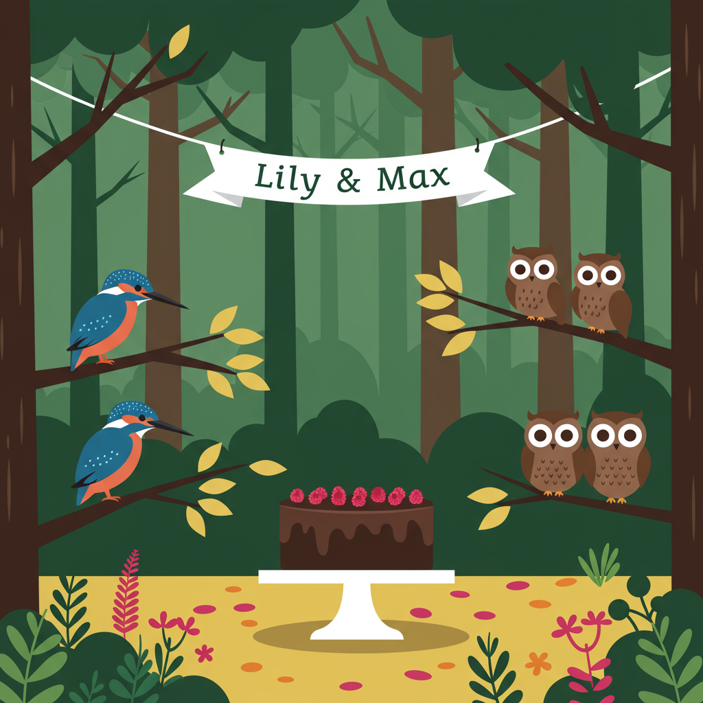 Imagine a vibrant and whimsical forest scene bathed in the rich, earthy hues of a summer afternoon. 

**Background**: A seamless wash of gradient forest greens that transition from deep emerald at the bottom to a lighter sage as they ascend, creating an atmospheric canopy effect. Simple, stylized trees with flat, angular leaves are dotted across the horizon, their trunks a mix of chocolate brown and soft taupe. These trees form a rhythmic, gentle arc across the card’s width.

**Foreground**: Nestled at the forest's edge is a small clearing, its floor a muted honey gold, sprinkled with scattered leaves and tiny, abstracted wildflowers in pops of magenta and marigold.

**Central Elements**: 

- **Kingfishers**: A pair of kingfishers sit perched on a low-hanging branch to the left. They are depicted with flat, bold colors—cerulean blue wings with a distinctive coral orange belly. Their beaks are sleek, a dark charcoal color, and they face each other with mirrored postures.

- **Little Owls**: To the right, slightly higher on another branch, sit two little owls. Rendered in a playful flat style, their feathers are shades of soft olive and dusky lavender. Their eyes are oversized and circular, stark white with ebony centers, giving them a curious gaze.

- **Chocolate Cake**: Centered at the bottom of the scene is a decadent, vector-style chocolate cake on a simple white cake stand. The cake is smooth, a rich cocoa brown with a glossy top. It’s adorned with minimalist raspberry accents—small dots of fuchsia scattered around the top, adding a dash of vibrant contrast.

**Textual Element**: Above the cake, a stylish banner unfurls, seemingly strung between the branches. It's a crisp, parchment white with the names “Lily & Max” elegantly scripted in an azure hue. The text is clear yet intricate, sitting snugly on the banner, adding a personal touch.

The overall card uses a harmonious color palette and flat, crisp shapes to convey a cohesive and modern design that celebrates the whimsical elements of nature intertwined with the warmth of a birthday celebration.
Generated with these themes: Kingfishers, Little owls, Chocolate cake, and Forest.
Made with ❤️ by AI.