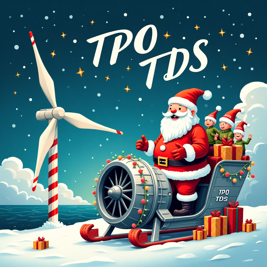 In the foreground of the Christmas card, an elaborate vector illustration showcases a quirky yet festive scene. A jolly Santa Claus, donned in a futuristic suit decorated with miniature wind turbines, stands triumphantly atop a gleaming, oversized gas turbine that's been cleverly transformed into a sled. The turbine sled is adorned with colorful Christmas lights and candy cane stripes, with snowflakes gently settling on its metallic surface. Behind Santa, a team of reindeer are replaced with a "Winning Team" of jubilant elves, each wearing Equinor-branded winter hats and holding mini wind turbine props, as if they’re the propulsion force behind this unconventional sleigh.

To the left of Santa, an immense wind turbine stands proudly, its blades festooned with ornaments and twinkling fairy lights, resembling a colossal Christmas tree. The base of the turbine is surrounded by gifts wrapped in vibrant paper depicting symbols of sustainability and innovation. Scattered among the presents are little nods to the Equinor brand, such as logos disguised as charming snowflake patterns.

In the background, the sky is painted with a whimsical palette of deep blues and twinkling stars, overlaid with a series of fluffy clouds. Creatively incorporated into the formation of the clouds is the name "TPO TDS," crafted in elegant script that gives the illusion of having been etched by the wind. The stars sparkle around the letters, adding a magical touch.

This unique scene, a marriage of festive cheer and innovative energy themes, brings humor and whimsy to the Christmas season, ensuring "TPO TDS" feels both celebrated and amused.
Generated with these themes: Equinor, Gas turbine, Wind turbine, and Winning team.
Made with ❤️ by AI.