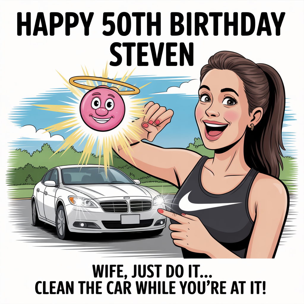 At the top of the image, "Happy 50th Birthday Steven"

At the bottom of the image, "Wife, Just Do It... Clean the Car While You're at It!"

- In the center of the image, illustrate a humorous cartoon scene where a woman, donned in sporty Nike gear, holds a Jesussour candy while playfully pointing towards a sparkling clean car in the background. A beam of divine light humorously shines upon the candy, adding a divine touch to the scene.
Generated with these themes: Wife, Nike, clean cars, Jesussour candy, and .
Made with ❤️ by AI.