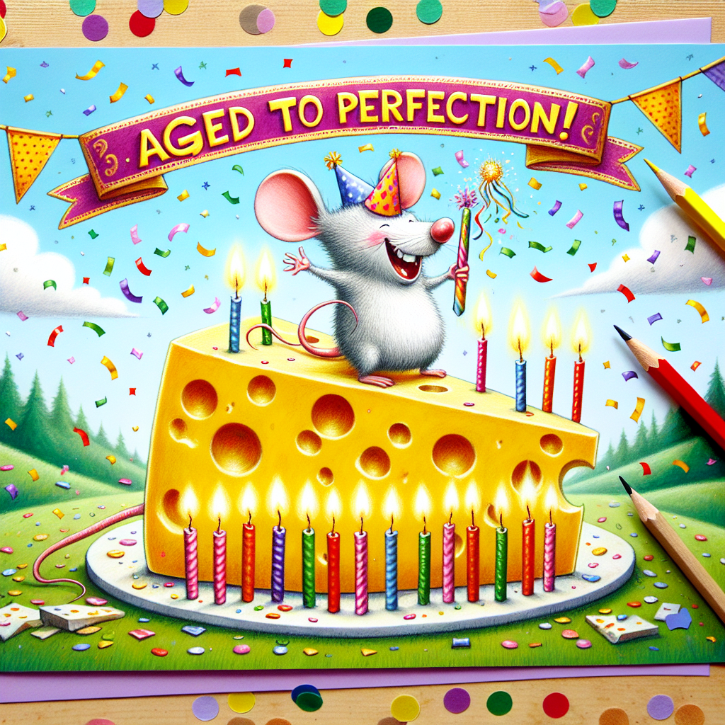 Create a whimsical birthday card with a picturesque scene. The central character is a grinning cartoon mouse in a multicolored party hat, standing victoriously on top of a giant wedge of Swiss cheese. This large piece of cheese is dotted with small, brightly lit candles replacing the traditional holes. The confetti in a myriad of colors is raining down joyfully. Above everything, in the air, hangs an ornate banner. The banner is inscribed with the words 'Aged to Perfection!', adding a comical twist to the cheese theme.
Generated with these themes: Cheese.
Made with ❤️ by AI.