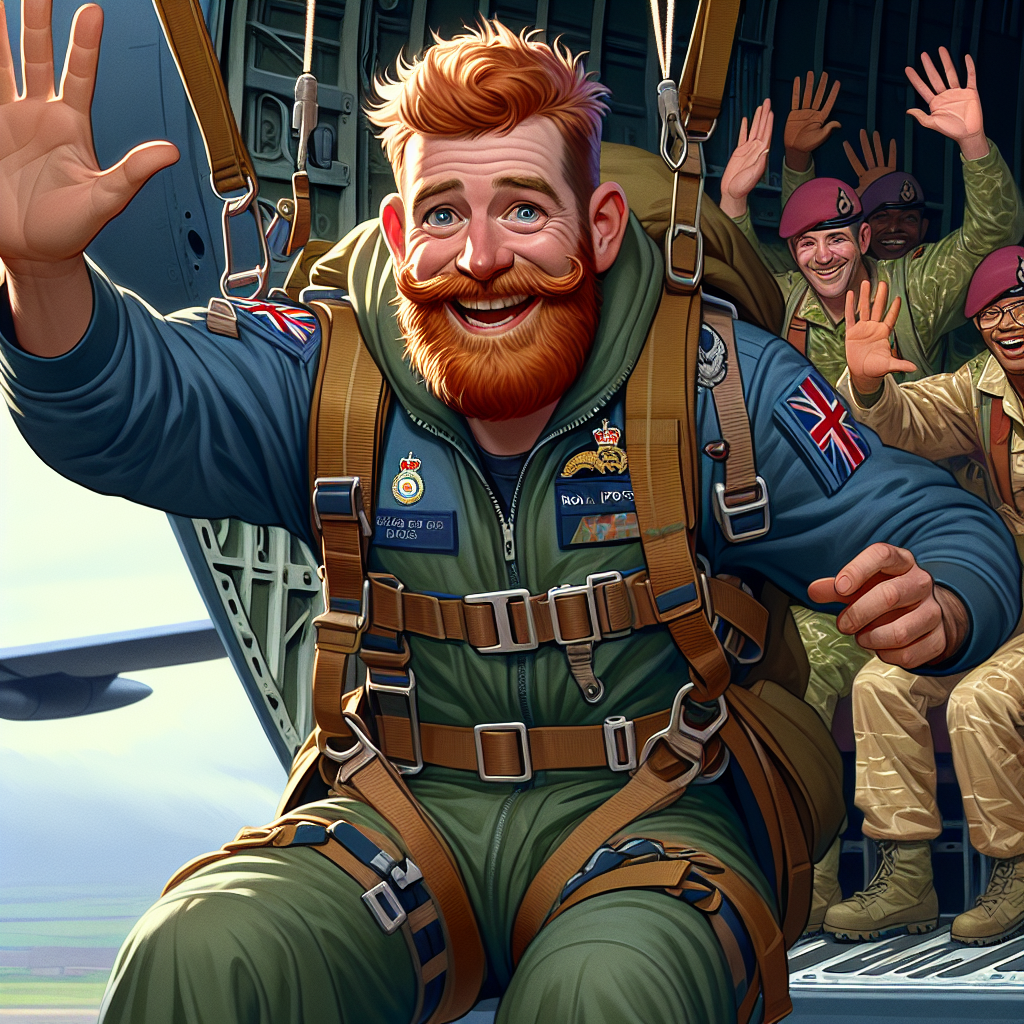 Depict a jovial farewell scene featuring a Caucasian male character with a pronounced ginger beard, decked out in Royal Air Force attire, as he parachutes from a C130 aircraft. Despite his seemingly upset expression, his eyes are filled with a hint of troublemaking. His military counterparts, which include a Hispanic female, a Black male, and a Middle-Eastern male, gaily wave their goodbyes from the ground. Their chuckles are almost palpable through the visual, encapsulating the essence of a cheerful yet tender departure.
Generated with these themes: Royal Air Force, Military, Ginger beard, Parachuting, Angry, and C130.
Made with ❤️ by AI.