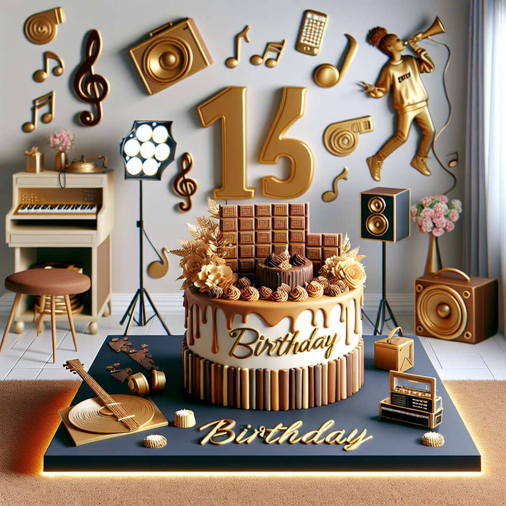 Create an image depicting a 14th birthday celebration with a design theme that charmingly, describes a teenager's interests. The primary element is a cake, intricately constructed to mimic the appearance of a caramel chocolate bar, complete with edible details that suggest gold foil wrapping. Decorations around the room include music notes and the silhouettes of abstract rap figures - not specific artists - reflecting a passion for the music genre. There's a designated area that mirrors the setup of a generic video-sharing booth, equipped with ring lights and assortments of props for interactive video-making. The room's color scheme brings together her favorite hues, skilfully injected with an air of sophistication suitable for a young lady entering her fourteenth year.
Generated with these themes: daughter's 14th birthday. she likes rap music, cadbury's caramel chocolate, tik tok.
Made with ❤️ by AI.