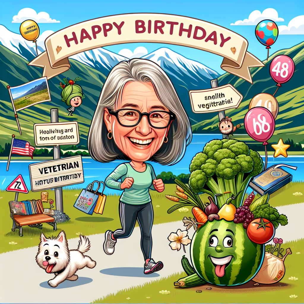 In a cartoon illustration, imagine a scenic pathway in New Zealand. In the forefront, a health-conscious 48-year-old white woman with shoulder-length straight hair and glasses is cheerfully participating in a charity walk. She is captured with a strong vegetarian theme, with fun, cartoonish references to various fruits and vegetables visible. A small, whimsical dog is accompanying her, adding to the light-hearted atmosphere of the scene. Nearby, an exaggerated bookshop signifies her love of literature. Decorative festive balloons and a 'Happy Birthday' banner frame the composition, with additional travel symbols showcasing her adventurous spirit. All of these elements come together to create a delightful birthday caricature.
Generated with these themes: White woman aged 48 with white shoulder length straight hair and glasses on a charity walk, New Zealand, Vegetarian, Bookshop, Small dog in the background, Happy Birthday sign in the background, and Travel.
Made with ❤️ by AI.