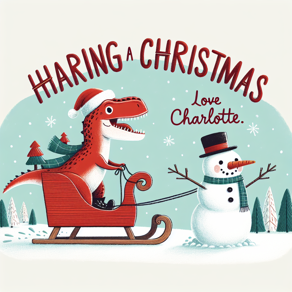 A charming illustration shows a whimsical T-rex donning a bright red Christmas hat as it joyfully pilots a classic wooden sleigh through a wintery scene; beside it sits Olaf, the friendly snowman from Frozen, waving merrily. Above them in a whimsical font dangles the phrase 'Have a roaring Christmas. Love Charlotte,' adding a personalized touch.
Generated with these themes: T-rex with a Christmas hat on, riding a sleigh with Olaf from frozen.
Made with ❤️ by AI.