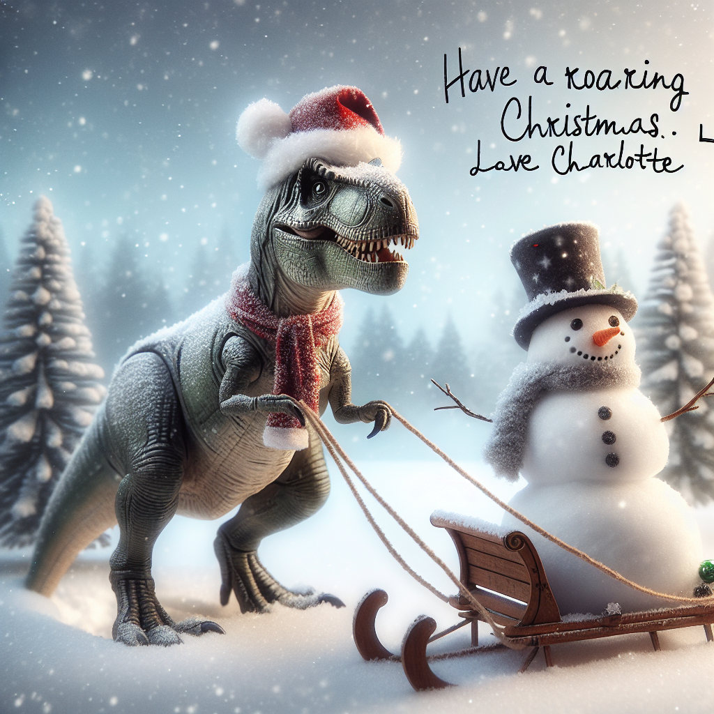 T-rex with a Christmas hat on, riding a sleigh with Olaf from frozen Christmas Card