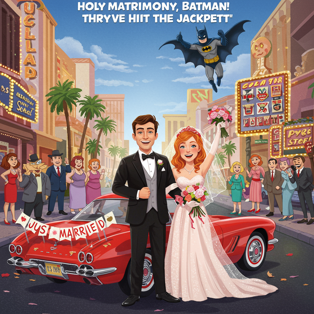 **Image Prompt:**

In a lively, cartoonish Las Vegas strip, a beaming brown-haired man, in a tuxedo, stands arm-in-arm with a radiant red-haired woman in a vibrant wedding dress. They're posing triumphantly in front of a classic, cartoonish red Corvette, which has a "JUST MARRIED" banner fluttering from the back. 

Above them in the sky, a comically over-exaggerated, caped Batman character is seen giving a thumbs-up from a nearby building's rooftop, his cape flapping dramatically in the wind. The scene is bustling with colorful, playful characters all around, some cheering, others snapping photos. 

In bold, quirky letters at the top, it reads: "Holy Matrimony, Batman! They've Hit the Jackpot!"
Generated with these themes: Vegas, brown haired man, red hair woman, corvette, batman, and .
Made with ❤️ by AI.