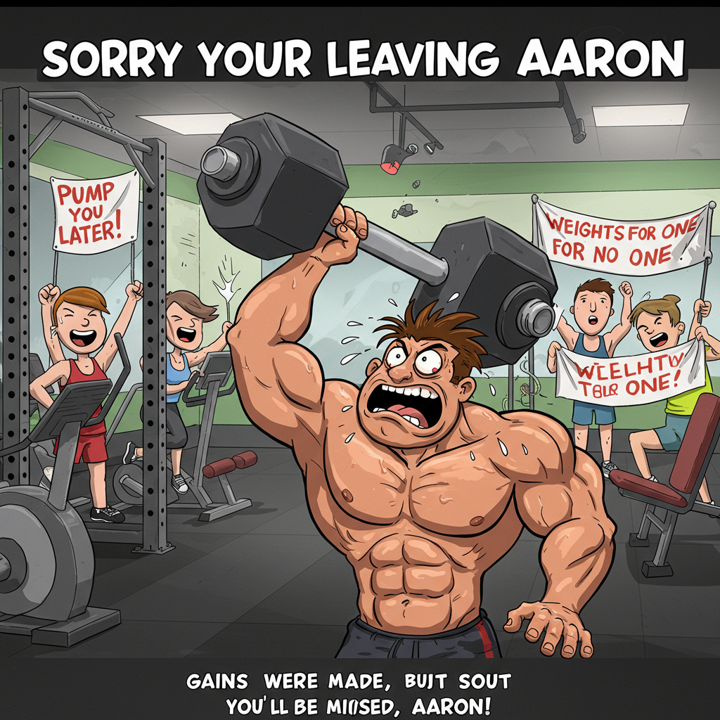 ### Image Prompt

At the top of the Cartoon Style image, include the text: "Sorry your leaving Aaron".

Imagine a playful gym scene, where a cartoon character with exaggeratedly large muscles is lifting an enormous, comically heavy dumbbell. The character is sweating profusely, their eyes bulging comically, and they are clearly struggling but determined. In the background, other gym-goers, also in cartoon style, are cheering and waving farewell banners that say things like, "Pump You Later!" and "Weights for No One!" 

The entire scene is filled with vibrant colors, thick outlines, and features lively, energetic poses. The gym equipment is whimsically exaggerated, like an elliptical that's more like a roller coaster.  

At the bottom of the image, add a small, cheeky caption: "Gains were made, but you'll be missed, Aaron!"
Generated with these themes: Fitness, Weights, and .
Made with ❤️ by AI.