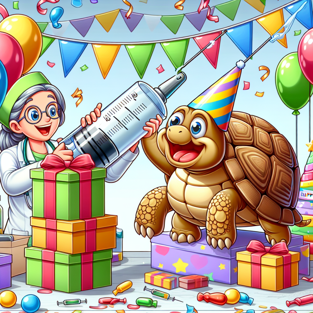 Create a lively and amusing cartoon that features a birthday celebration full of joy and laughter. In the midst of this delightful scene, a joyful tortoise character is seen wearing a colorful party hat and appears to be the center of attention. Scattered around are balloons and streamers, adding to the festive atmosphere. A nurse character, who shows joy on her face, is shown preparing a hilariously large syringe filled with coffee as a 'pick-me-up' for the party attendees. Nearby, a stack of boxed presents covered in cheerful wrapping paper suggest that a successful shopping adventure has taken place, all ready to be unwrapped by the birthday honoree.
Generated with these themes: Tortoise, Nurse, Coffee, and Shopping.
Made with ❤️ by AI.