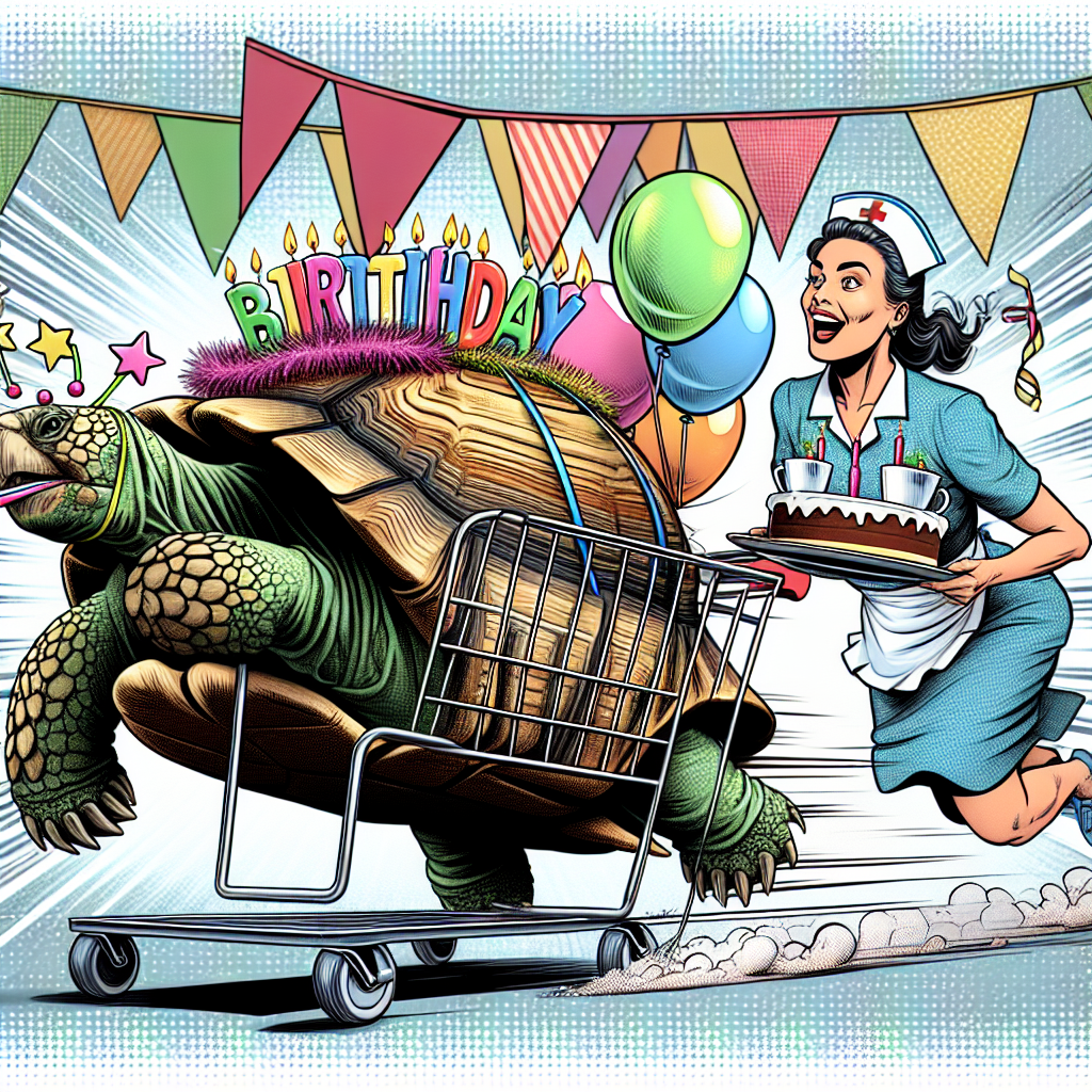This humorous scene is set in a comic-esque coffee shop, hosting a birthday celebration. A relaxed tortoise, festooned with streamers, is leisurely sipping a latte as it rides a shopping cart, mimicking a speedy race car. A nurse, illustrated with an intentionally exaggerated uniform for comic effect, is depicted in a fit of laughter as she chases the joyriding tortoise. In her hands, she carries a tray bearing a birthday cake, which interestingly, is shaped like a coffee mug. This image encapsulates more than just a simple celebration; it presents an engaging narrative filled with humor and excitement.
Generated with these themes: Tortoise, Nurse, Coffee, and Shopping.
Made with ❤️ by AI.