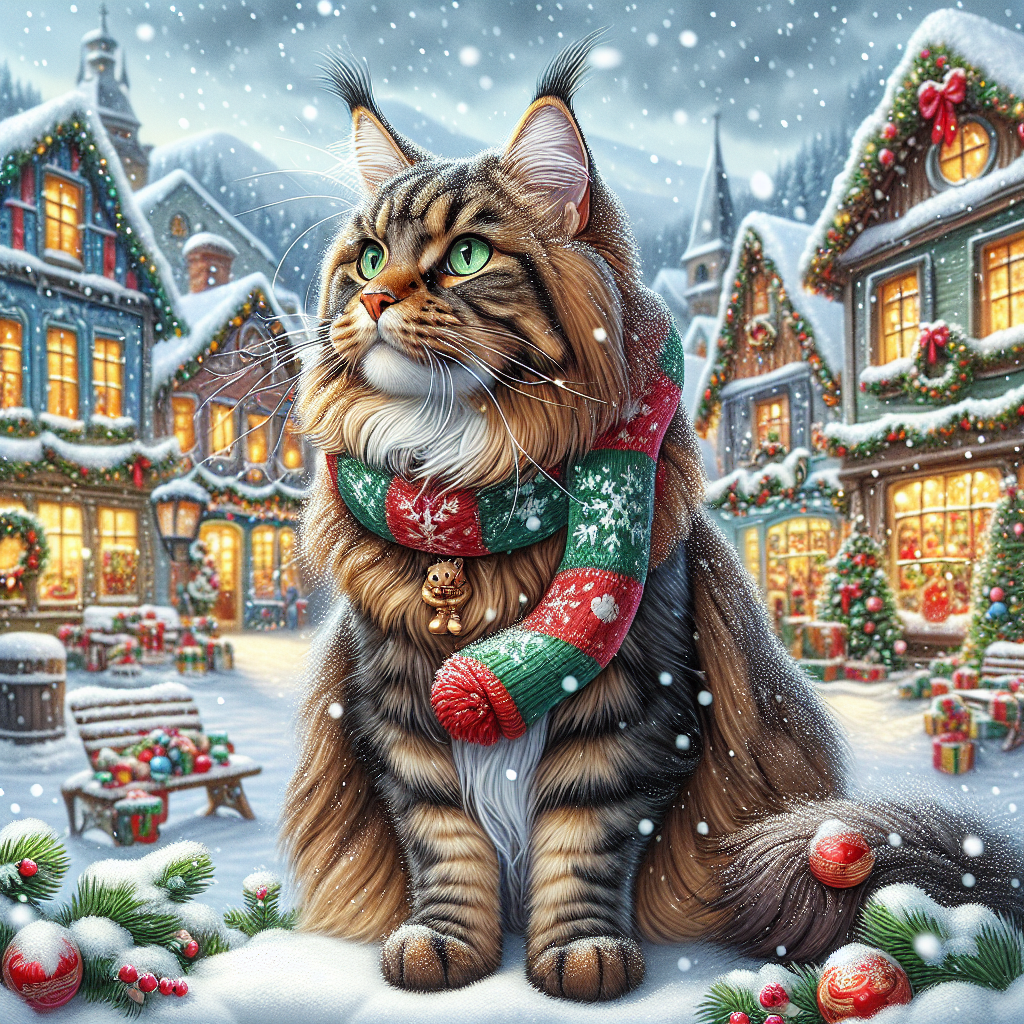 In a dreamy cartoon Christmas village, an adult Maine Coon with a luxurious brown tabby coat and enthralling green eyes sits serenely. It is the perfect embodiment of the holiday spirit with a build that’s neither too chubby nor too slim. A whimsical Christmas scarf is loosely draped around its neck as it surveys the merry scene, a soft snowfall adding a magical touch.
.
Made with ❤️ by AI.