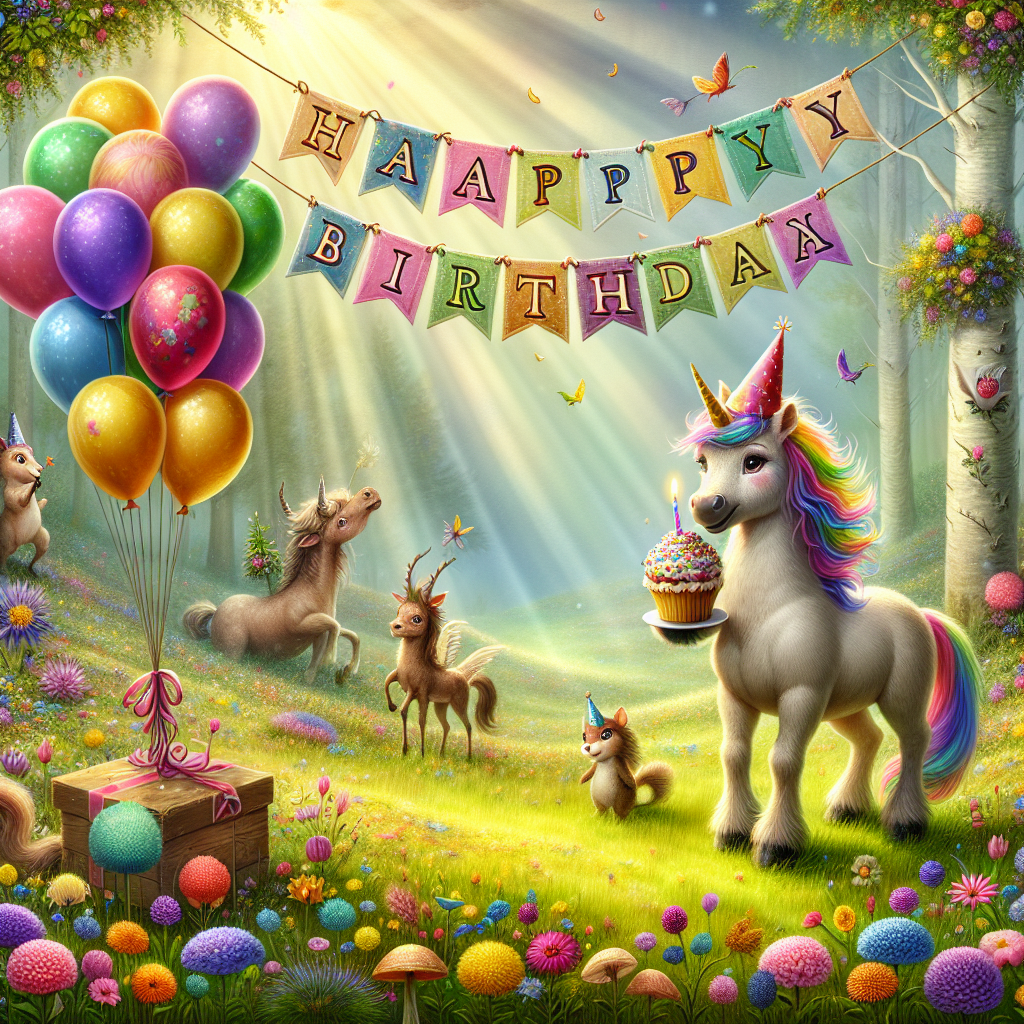 Create a charming picture capturing the spirit of a birthday celebration. In the foreground stands a child-friendly centaur figure, with a bouquet of multicolored balloons in one hand and a tempting cupcake in the other. The centaur finds himself in a vibrant meadow, adorned with a variety of wildflowers. The backdrop features a banner swinging to the rhythm of the soft wind, spelling out 'Happy Birthday' in bold, cheerful typography. Party hats are sported by an array of enchanting forest creatures that have come to partake in the festive occasion, showcasing diversity with the presence of different animals. Overhead, fragmented rays of sunlight create a serene ambiance, painting the scene with a warm, dappled light.
Generated with these themes: Centaur .
Made with ❤️ by AI.