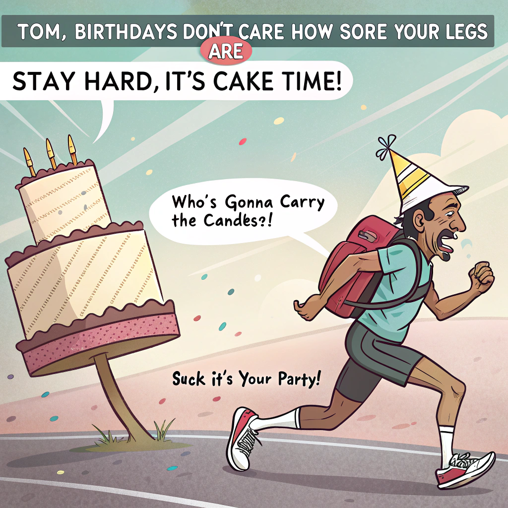 At the top of the image, "Tom, birthdays don't care how sore your legs are — STAY HARD, it's cake time!"

– Illustrate a hilariously intense cartoon version of David Goggins mid-run, veins bulging, wearing a birthday hat and party blower in his mouth, dragging a giant, over-the-top birthday cake strapped to his back like a rucksack.

– Goggins is shouting motivational phrases like "Who's gonna carry the candles?!" and "Suck it up, it’s your party!"

– Confetti and balloons fly around in chaos while a small, confused Tom peeks out from behind the cake, wearing running shoes and looking terrified yet slightly inspired.

– Background features a finish line that reads "LEVEL UP: AGE [Tom's new age] ACHIEVED" with burning sparklers on each post.
Generated with these themes: David Goggins wishing you a happy birthday and to 'stay hard'.
Made with ❤️ by AI.