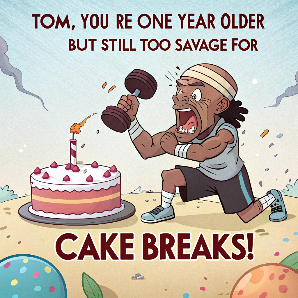At the top of the image, "Tom, you’re one year older but still too savage for cake breaks!"

– In the center of the image, illustrate a cartoon-style scene of David Goggins bursting through a birthday cake in full workout gear, dripping with sweat, mid-battle cry. He’s holding a dumbbell in one hand and a slice of birthday cake in the other, using it like a kettlebell.

– Around him are tiny, terrified balloons wearing sweatbands and doing push-ups.

– At the bottom of the image, add the text: “Happy Birthday, Tom! Stay hard… even if your joints are squeaking now.”
Generated with these themes: David Goggins wishing you a happy birthday and to 'stay hard'.
Made with ❤️ by AI.