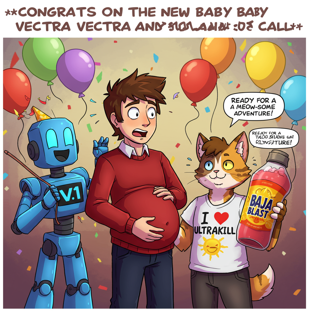 At the top of the Cartoon Style image, include the text: **CONGRATS ON THE NEW BABY VECTRA AND CALI**

Image Description: In a whimsical, colorful cartoon scene, a blue robot named “v1” is cheerfully holding a celebratory banner. Beside v1, a man with spiky brown hair and a red sweater is humorously depicted as being pregnant, clutching his belly with a surprised expression. Standing next to him is a humanoid calico cat wearing a quirky shirt that says “I love ultrakill,” looking proud and amused. The cat holds a festive, oversized bottle of Baja Blast as if it’s a special potion for this unique celebration. The background is a vibrant, fun mix of balloons and confetti, creating a lively atmosphere. Include a small, cheeky speech bubble from the cat, saying: "Ready for a meow-some adventure!"
Generated with these themes: A blue robot named “v1”, A man with a red sweater and spiky brown hair, he is pregnant, A humanoid calico cat with a shirt that says “i love ultrakill”, A bottle of baja blast, and .
Made with ❤️ by AI.