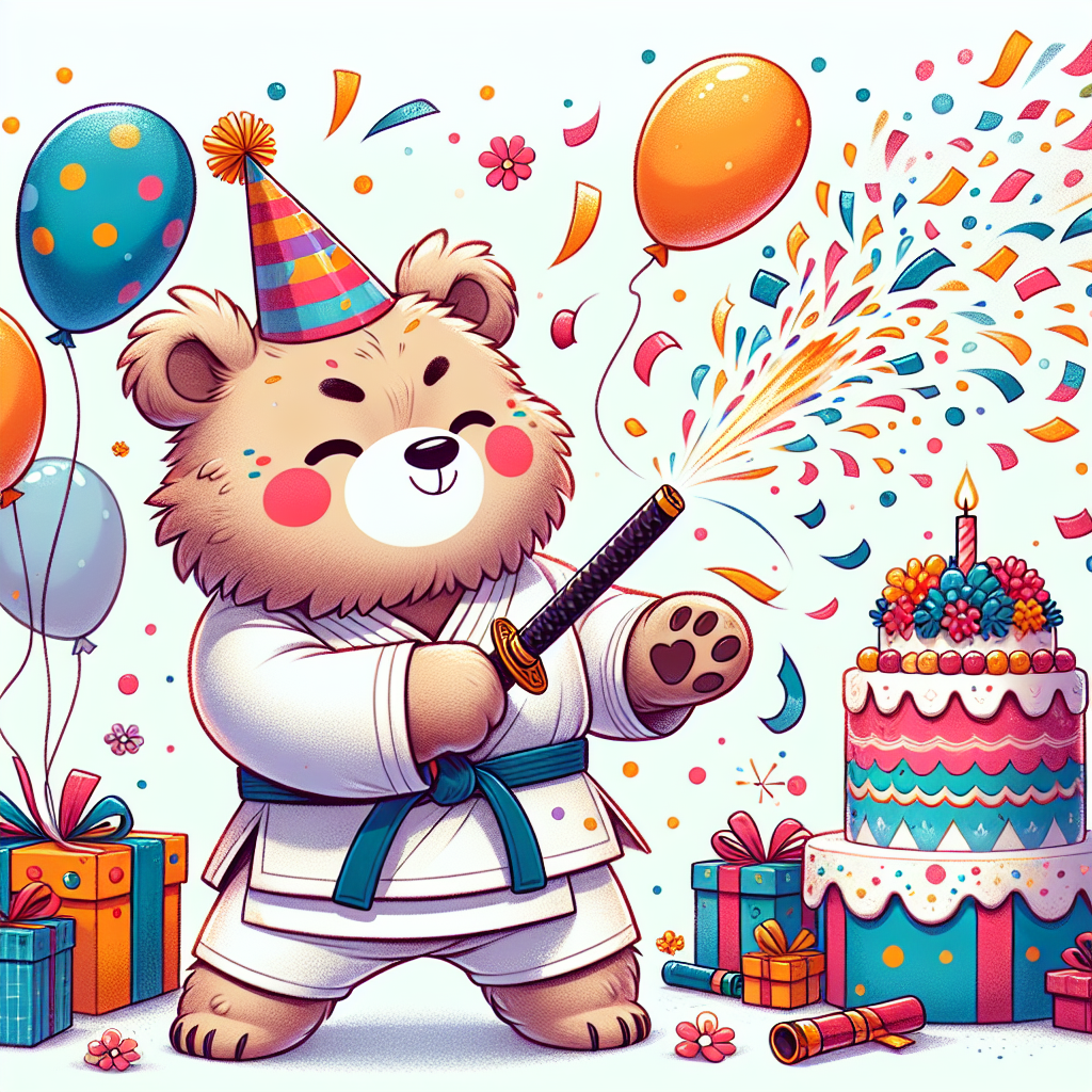 Create a detailed and whimsical illustration themed around a birthday celebration. The central figure is a charming bear, dressed in a traditional karate gi and adorably wielding a pretend samurai sword. The background is effervescent with birthday festivity, featuring elements like a birthday cake, presents wrapped in colorful paper, and jaunty party hats scattered about. Our bear protagonist playfully interacts with confetti guns, which discharge streams of vibrant paper instead of bullets, amplifying the benign merriment of the festal ambiance.
Generated with these themes: bear karate samurai guns action .
Made with ❤️ by AI.