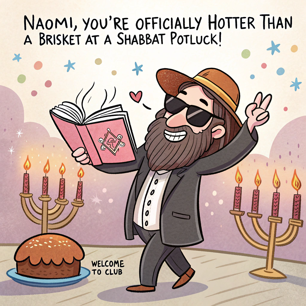 At the top of the image, "Naomi, you're officially hotter than a brisket at a Shabbat potluck!"

– In the center of the image, depict a cartoon-style "hot rabbi" with exaggerated swagger — think flowing beard, stylish sunglasses, open prayer book in one hand, and a flaming challah loaf in the other. He's standing dramatically in front of a birthday cake shaped like a synagogue, with dancing candles and disco lights.

– The rabbi is striking a sassy pose next to a sign that says “Welcome to Club Oy Vey”.

– Add at the bottom of the image: "Time to party like it's the eighth night of Hanukkah… with extra kugel!"
Generated with these themes: hot rabbi.
Made with ❤️ by AI.