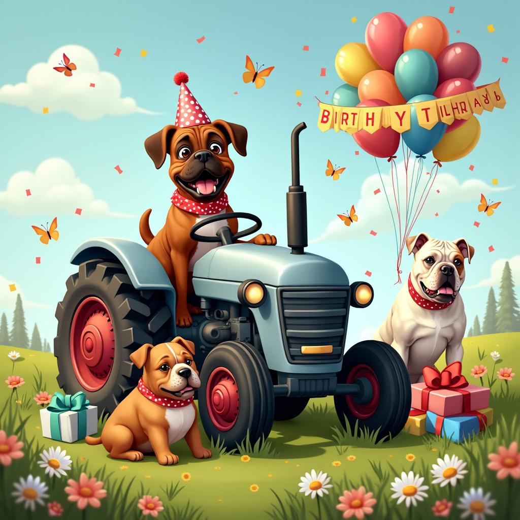 In the second variation, a jubilant, brown Boxer wearing a polka-dotted party hat stands behind the wheel of a cartoon-style, matte grey tractor, which has a smiling face on the front grill. The tractor is parked in a lush, green meadow dotted with wildflowers, while a crisp, white Boxer with defined muscles and a red bandana tied around its neck playfully chases butterflies nearby. An English Bulldog with a glossy tan coat and a patch of white on its ruffled chest sits beside a pile of colorfully wrapped birthday gifts, each topped with a bow; one particularly large box is bursting open with multicolored balloons. Completing the scene, a banner in block letters spelling 'Happy Birthday' is strung between two daisies, and a cascade of streamers and confetti rains gently down from above.
Generated with these themes: Brown Boxer driving a grey tractor , White Boxer, and English Bulldog .
Made with ❤️ by AI.