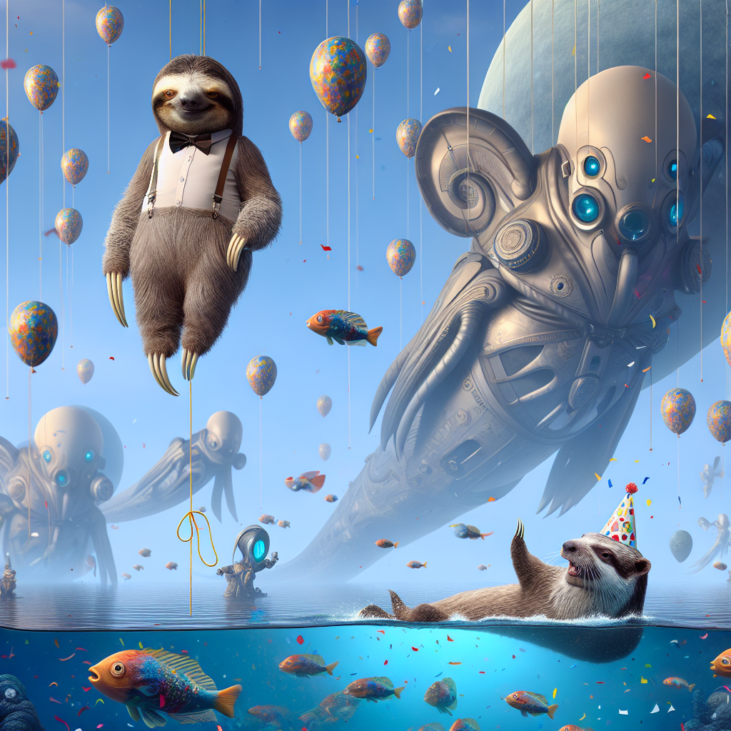 In a scene where sky and water fuse into one, a sloth dressed in a neat bow tie clings to the strings of a floating balloon, portraying a calm indifference to its surroundings. Down below, an otter donning a festive birthday cap performs a delightful backstroke through a surreal sea where fish made of confetti twirl in a celebratory dance. Giant, otherworldly sea guardians that bear a semblance to machines transforming into organic forms, cast mesmerizing shadows that add to the ethereal quality of this tableau.
Generated with these themes: Otter, Sloth, Swimming, and Transformers .
Made with ❤️ by AI.