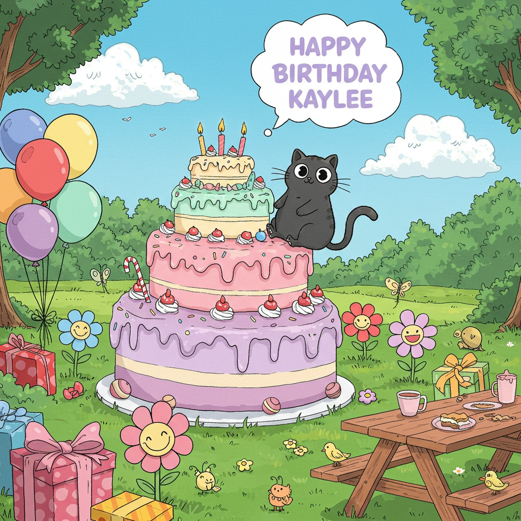The scene is set in a vibrant, whimsical park filled with exaggerated cartoon features, inspired by a blend of classic comic artistry. In the center, a large, bright birthday cake towers, its layers frosted in pastel hues of pink, lavender, and mint green, adorned with oversized, comical candy and sprinkles. Perched playfully on the cake's top layer is a plump, black cat with exaggeratedly large, expressive eyes and oversized, fluffy paws, its tail curled upwards with a hint of mischief.

In the background, a bright blue sky is dotted with large, fluffy clouds that resemble playful shapes of animals, and in one of these clouds, the words "Happy Birthday Kaylee" are whimsically scripted in bold, cheerful letters, like a skywriting airplane just flew by.

Around the base of the cake, colorful balloons of various shapes and sizes float, their strings crisscrossing like a tangled web. Each balloon sports a different pastel shade, creating a lively rainbow effect. On the grass, cartoon flowers with smiling faces, each petal a different candy-like color, lean playfully toward the cake, as if wishing to join the celebration.

Scattered throughout the scene are quirky, oversized presents wrapped in vivid, playful patterns of stripes and polka dots, with large, exaggerated bows. A few butterflies, drawn in a style reminiscent of Osamu Tezuka, flit around, their wings shimmering with hints of glittery gold.

To the side, a wooden picnic table stands, covered with a checkered red and white cloth, and a few small comic-style birds, similar to those in Bill Watterson's work, hop around pecking at crumbs. The entire scene is encased in a frame of leafy trees, drawn in a simple yet expressive style akin to Charles Schulz's Peanuts, creating a cozy and celebratory ambiance.
Generated with these themes: Black cat.
Made with ❤️ by AI.