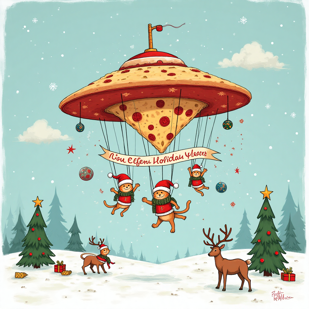 Flying saucer, pizza, cats, robots, and Christmas Card