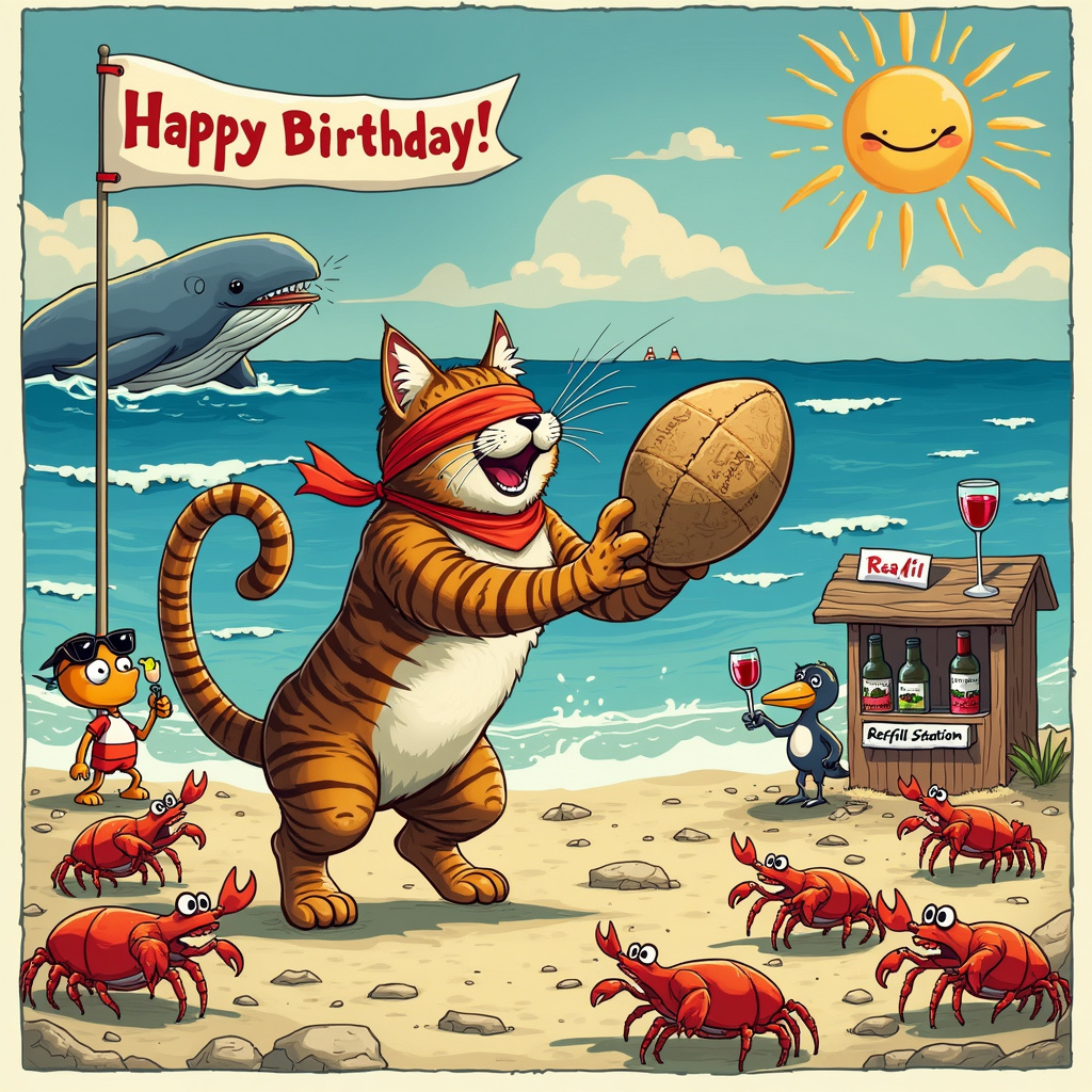 The scene bursts to life on the front of the birthday greetings card, drawing immediate laughter and curiosity. At the center of the image, a large, muscular tabby cat, blindfolded with a bright red bandana, is attempting to play rugby on the beach. The cat is mid-action, gripping a rugby ball with exaggerated concentration, unaware that it's actually a giant cork from a wine bottle. 

To the left of the cat, you see a group of animated crabs wearing tiny rugby jerseys, forming a hilarious, ragtag team. One of the crabs is hoisting a wine glass filled with red wine, holding it up like a trophy, while another is valiantly trying to tackle the cat, claws outstretched but comically short of reach.

In the background, the sea is a vibrant blue, filled with playful, anthropomorphic waves that appear to be cheering on the match. On the horizon, there's a large, sunbathing whale, wearing oversized sunglasses and sipping from a coconut shell, observing the game with a wide, toothy grin.

To the right of the cat, there's a small beachside stand constructed out of driftwood, adorned with a whimsical sign that reads "Refill Station." Behind the counter stands a sophisticated seagull with a monocle and a bow tie, pouring red wine into glasses for a line of jubilant, anthropomorphic seahorses who are clearly there to celebrate the birthday bash.

Above the entire scene, a vibrant banner flutters in the sea breeze, reading "Happy Birthday!" in a playful, comic-book style font reminiscent of classic Sunday funnies. The sun, depicted with a friendly face, winks at the viewer from the top right corner, casting rays that subtly spell out "Cheers!"

This unique, detailed tableau combines the quirky charm of Schulz's Peanuts with the whimsy of Watterson's Calvin and Hobbes, sprinkled with the surreal humor of Larson's The Far Side, ensuring it's a birthday card to remember.
Generated with these themes: Rugby, Cat with blindfold, Red wine , and The sea .
Made with ❤️ by AI.
