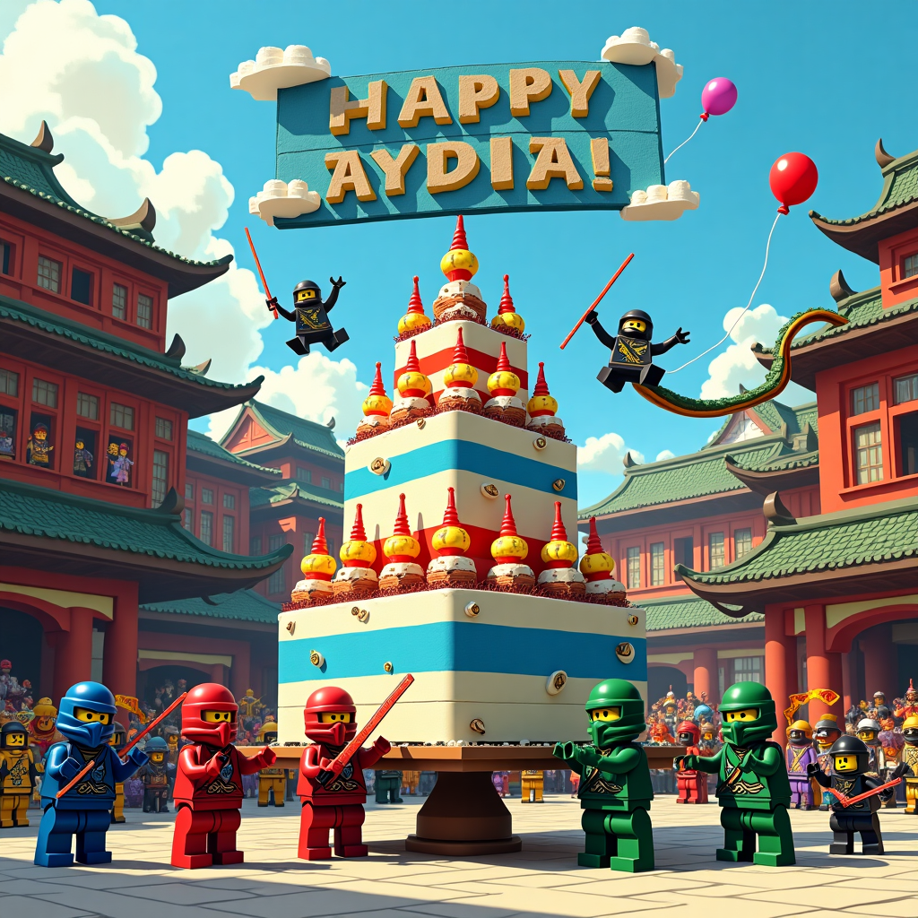 In the bustling, blocky world of Ninjago, the scene unfolds in a vibrant dojo courtyard, where the sun casts playful shadows over a sprawling, brick-built landscape. A cheerful crowd of LEGO ninjas, each distinct in their color-coded suits and unique weapons, are gathered around an oversized birthday cake, constructed from colorful LEGO bricks. This cake, towering high, is topped with a group of mini ninjas performing acrobatic flips and kicks, as if in a coordinated martial arts routine to celebrate the occasion.

Above the scene, two LEGO ninjas, one in a red outfit with a confident smirk, and the other in a green suit, known for his goofy antics, hold up a gigantic banner made from sky-blue and white LEGO pieces. The banner reads "Happy Birthday Aydin!" in bold, blocky letters that resemble those from the iconic Ninjago font style, cleverly integrated into the build itself.

In the background, tall pagoda-like towers rise, constructed with intricate detail, each window revealing tiny scenes of other LEGO characters engaged in various birthday activities—playing instruments, dancing, or practicing their ninja skills with balloons. A playful LEGO dragon swoops across the sky, its tail elegantly spelling out "Aydin" with cloud-like LEGO bricks, adding a whimsical touch reminiscent of Will Eisner's dynamic use of text.

The scene is packed with action and detail, from the little LEGO cupcakes on a nearby table, complete with minuscule frosting swirls, to the kunai party favors clutched by a young ninja in training. The energy is lively, capturing the whimsy and humor inspired by the works of Bill Watterson and Gary Larson, yet stays rooted in the imaginative world of LEGO Ninjago.
Generated with these themes: Ninjago lego.
Made with ❤️ by AI.