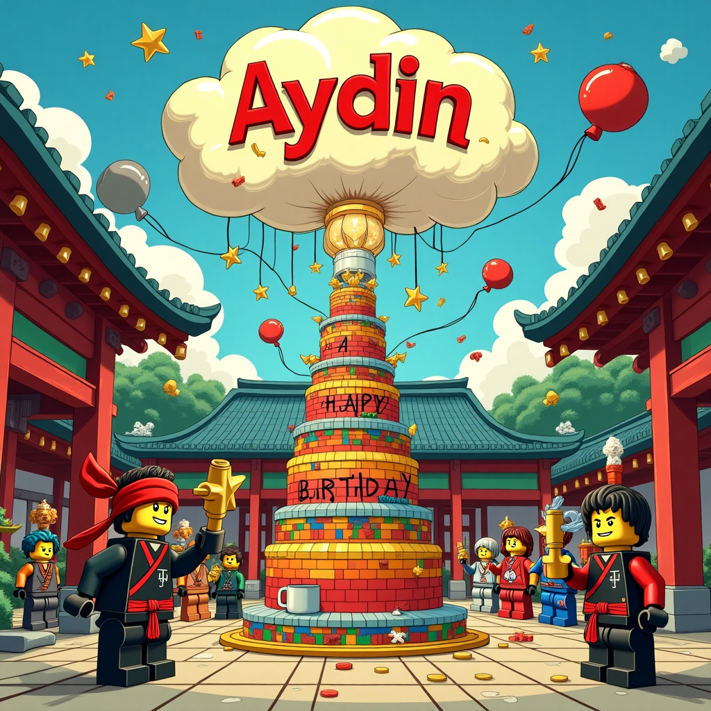 The scene unfolds in a vibrant, bustling dojo that seems to be floating on a fluffy cloud, reminiscent of Winsor McCay's dreamy landscapes. The dojo is constructed entirely out of Ninjago Lego bricks, with colorful, interlocking pieces forming the walls and the roof. Inside, a lively birthday celebration is underway. At the center, a towering, multi-tiered birthday cake stands prominently, built from Lego bricks and adorned with ninja star-shaped candles. On the top tier, in bright, blocky Lego letters, spells out "Happy Birthday Aydin!" In the foreground, a cheeky Lego ninja character, sporting a red headband and a cheeky grin akin to Calvin from Bill Watterson's "Calvin and Hobbes," is playfully juggling a set of mini Lego bricks shaped like throwing stars. To his side, another ninja, styled with classic Osamu Tezuka manga eyes, attempts a karate kick, inadvertently sending a cascade of Lego blocks into the air. Above the dojo, a fluffy cloud formation spells "Aydin" in a whimsical, swirling script reminiscent of Charles Schulz's elegant linework. In the background, you can spot a group of Lego characters, each representing a different Ninjago elemental master, joyfully toasting with cups shaped like miniature Lego mugs. Balloons, formed from transparent Lego pieces, float around the scene, adding a touch of Disney-esque whimsy. Aydin's name is further integrated into the scene, subtly woven into the intricate design of a large, Japanese-style paper lantern hanging above, with intricate patterns and details inspired by Hergé’s meticulous artwork in "Tintin." The entire scene is an exuberant mash-up of ninja antics and birthday joy, celebrating Aydin with a perfect blend of humor and imagination.
Generated with these themes: Ninjago lego.
Made with ❤️ by AI.