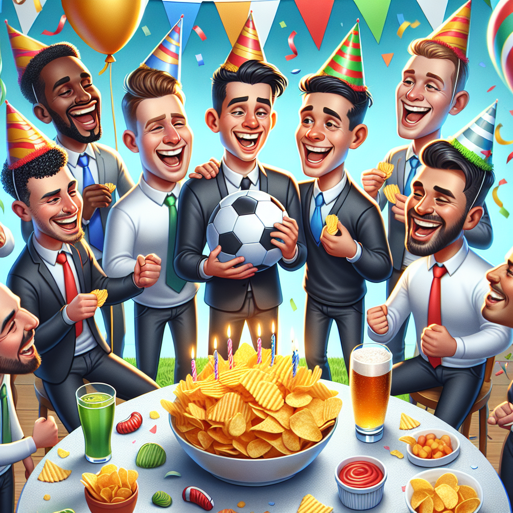 Depict a joyful birthday setting where caricatured football players are gathered. The football players come from different descents, including Caucasian, Hispanic, Black, Middle-Eastern, and South Asian. They are appreciatively sharing a variety of crisps, encapsulated by an atmosphere of camaraderie and laughter. Sporting party hats on their heads, they are in a space adorned with festive decorations like a jovial banner and drifting confetti. To elevate the charm of the scene, incorporate whimsical football-themed details throughout the setting.
Generated with these themes: Football players eating crisps.
Made with ❤️ by AI.
