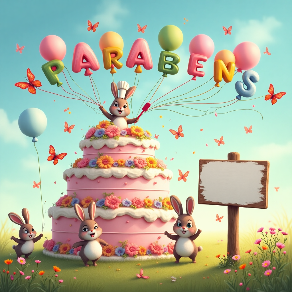 In a whimsical meadow, under a sky the color of cotton candy, a delightful scene unfolds that perfectly captures a birthday celebration with a twist of humor. The centerpiece is an oversized, whimsical cake that towers like a fairytale castle. This cake is extravagantly decorated with swirls of pastel frosting and adorned with edible butterfly figurines, each with shimmering wings made of delicate sugar. Perched atop the cake is an adorable bunny wearing a tiny chef’s hat, brandishing a frosting-covered spatula triumphantly. The bunny has clearly been hard at work, evidenced by the dollops of frosting on its paws and cheeks, adding a playful touch.

Surrounding the cake, a parade of animated bunnies in varying shades of fluffy white and soft brown hop excitedly, each holding a string of a colorful balloon. These balloons form a rainbow arc above the cake, spelling out "Parabéns Julia" in vibrant letters, with the balloons' strings playfully tangling around the bunnies’ ears. Meanwhile, a kaleidoscope of butterflies flutters around, their iridescent wings catching the sunlight, creating a natural confetti shower over the entire scene.

In the background, the grass is speckled with wildflowers, providing a carpet of colors that complement the lively scene. A quirky wooden signpost is firmly planted into the ground to the right of the cake. The sign, painted in white with a rustic finish, offers ample space for a personal message, its surface wide enough for two sentences. This signpost stands as an invitation for the sender to personalize the card. Amidst this charming chaos, a soft breeze sways the flowers and the sign, as if joining in the joyous celebration for Julia.
Generated with these themes: Butterflies, Bunnies, Cake, Write "Parabéns Julia", and Place a sign somewhere on the card so I can write a custom message myself. Needs to be big enough. Sign needs to have a white background and I need to be able to write 2 sentences on it..
Made with ❤️ by AI.