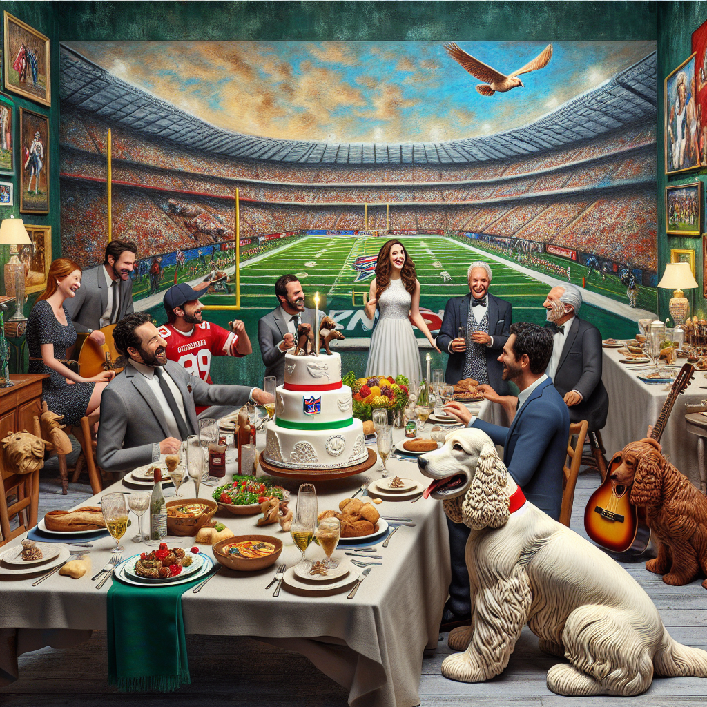 Imagine an intimate birthday party set in a delightful, realistic room that carries the theme of the birthday person's favored things. The room decoration is influenced by football sports memorabilia, stirring up the thrill of football enthusiasts. The backdrop shows an impressionistic mural of a famous football stadium. Friends and family of various descents including Italian American, Caucasian, and Black are intermingling, their jovial interactions blending with the melody of strategically placed guitars. The cake features a meticulously crafted fondant statue of a working cocker spaniel, a tribute to the famed breed. Hints of Italian American culture are scattered throughout the party, with table settings decked out in red, white, and green, and a spread of traditional Italian desserts finishing off the birthday meal.
Generated with these themes: Tottenham Hotspur Spurs, Guitars, Working cocker spaniels, and Italian Americans .
Made with ❤️ by AI.