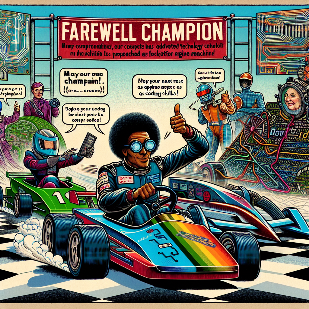 A humorous illustration unfurls at the starting brink of an interestingly designed racetrack. An array of vivid characters are present, a Caucasian computer enthusiast with magnified glasses is maneuvering his advanced technology racing kart, while an Afro-American gentleman with a trendy afro gives the thumbs up from his sleek, propelled by rocket engine machine. A backdrop of circuit boards and binary code blends with the racing pathway. Adjacent to them, a character mirroring the style of pre-20th century Japanese woodblock prints, with overstated expressions and velocity lines outlining his resolved countenance, emotes a lively stance in his futuristic fashion vehicle. The finish line banner displays 'Farewell Champion', and a dialogue bubble from the computer enthusiast exclaims, 'May your next race be as epic as your coding skills!' The whole scene emanates a feeling of exhilarating quest and heartfelt departure.
Generated with these themes: Racing, Computer Geek, Black Guy, and Japanese Anime.
Made with ❤️ by AI.
