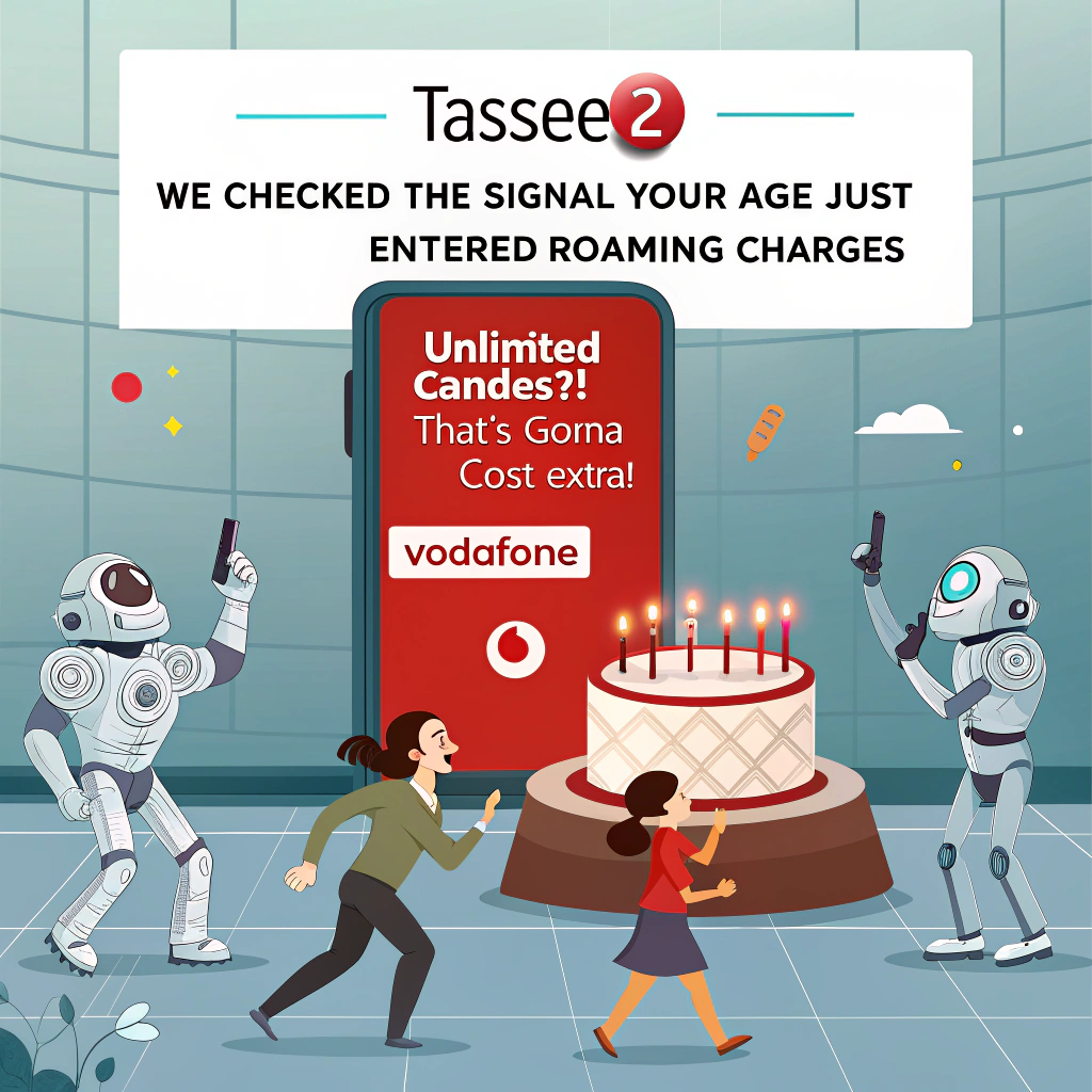 At the top of the image, "Tassee 2, we checked the signal—your age just entered ‘roaming charges’!"

- In the center of the image, show a quirky cartoon office setting, with robots dressed as overly enthusiastic salespeople holding clipboards and headsets, swarming around a giant red Vodafone-branded birthday cake shaped like a smartphone. One robot is dramatically yelling “Unlimited candles?! That’s gonna cost extra!”

- Another robot is projecting Tassee 2’s birthday on a giant holographic chart, where "Sales Performance" is trending sharply upward under “Years of Awesomeness.”

- Add some cheeky birthday party tech elements: Wi-Fi signal hats, QR-code balloons, and party blowers that sound like startup jingles.

- Make sure the bright red Vodafone logo is humorously featured, perhaps stuck as a sticker on every device, balloon, and birthday hat!
Generated with these themes: Technology and sales focus, and Red Vodafone logo.
Made with ❤️ by AI.
