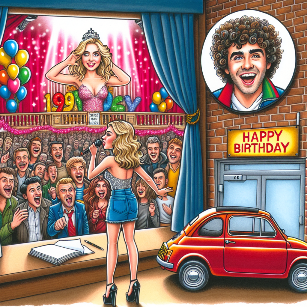 A vibrant and humorous scene unfolds featuring a 19-year-old blonde-haired Caucasian girl delivering a stunning musical theatre performance. The intimate stage is set within the homely confines of her student flat. A 'Happy Birthday Ava' sign sparkles in the backdrop, adding a whimsical touch. In one corner of the image, a charismatic male singer with curly hair and flamboyant stage attire is drawn in a playful cartoon style. Reminiscing the buzz of campus life, a university building is humorously depicted, with caricatured students of various descents peering out to join the birthday celebration. A cartoonish red Fiat 500 car, as if plucked from a comic strip, waits outside ready for Ava's next jaunt.
Generated with these themes: 19 year old blonde haired girl singer doing musical theatre on a stage in a student flat, Happy Birthday Ava sign, Harry Styles, University, and Red fiat 500 car.
Made with ❤️ by AI.