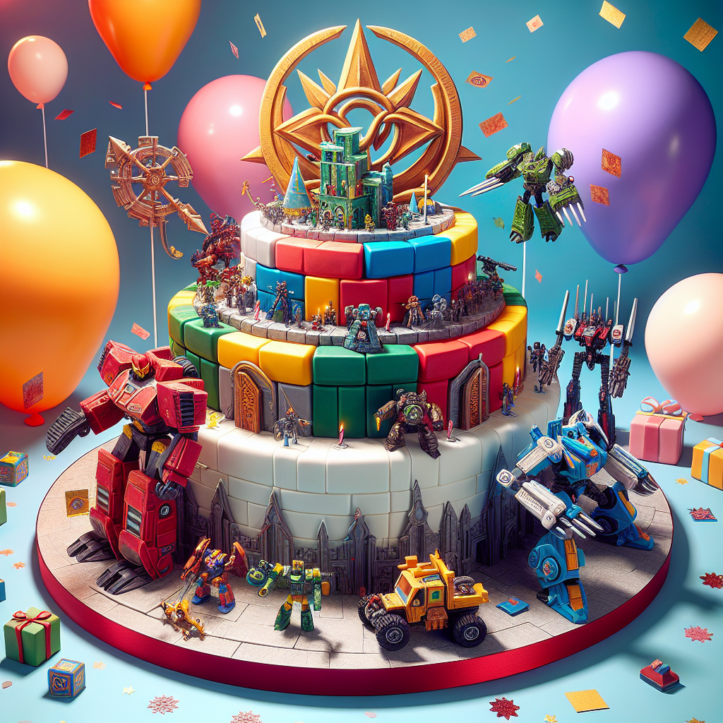 A playful, lively cartoon-style birthday scene unfolds, with vivid inflatable decorations and festive paper flakes offering a splash of rich colors against a subtle-hued background. At the heart of the celebration, a fantastic multi-tiered cake takes center stage, covered in imaginative designs inspired by a popular fantasy tabletop game, a beloved transforming robot toy line, and a world-renowned interlocking brick system. The foundational layer is creatively molded out of edible brick-like pieces, above which stands a savory robot-themed creation, topped off by a gleaming emblem representing adventurous tabletop warfare games, alluding to thrilling tales yet untold.
Generated with these themes: Warhammer transformers lego.
Made with ❤️ by AI.