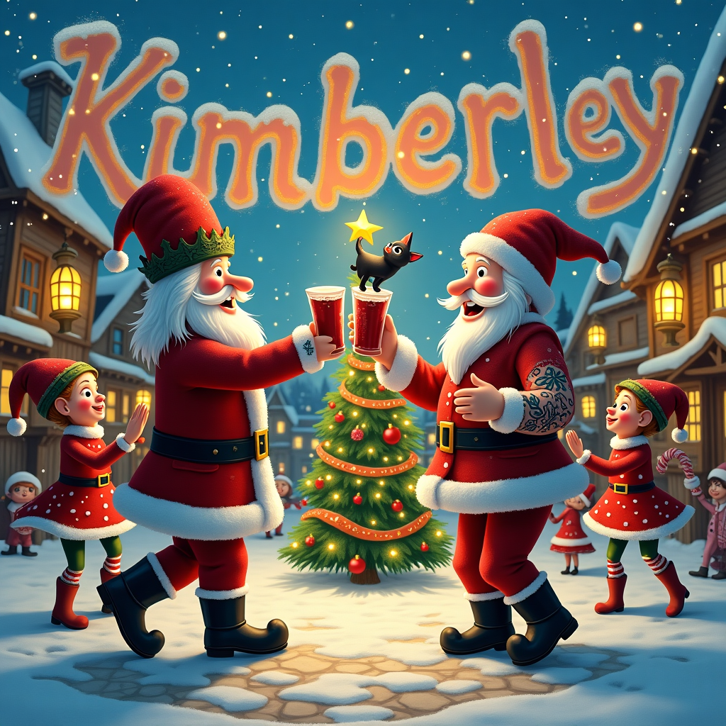 In a magical, snowy village square surrounded by whimsical, crooked buildings, the scene is alive with the spirit of Christmas and the joy of celebration. In the foreground, a jovial, life-sized nutcracker, adorned with intricately detailed tattoos of snowflakes, candy canes, and holly leaves, is clinking oversized glasses of eggnog with a merry Santa Claus who sports a sleeve of festive tattoo designs — reindeer, ornaments, and a "Merry Christmas" banner. The two are engaged in a lively jig, their feet tapping on cobblestones lightly dusted with snow. Nearby, a group of elves, each with a cheeky smile and a snowflake tattoo on their cheek, twirl and dance around a twinkling, oversized Christmas tree, which is elegantly decorated with baubles and ribbons. Atop the tree, instead of a star, sits a graceful black cat, its sleek fur glistening with tiny snowflakes as it bats playfully at a dangling ornament shaped like a heart. In the background, the words "Kimberley" are woven into the colorful, iridescent clouds, their letters formed by the trails of shooting stars, giving the impression of a heavenly banner hung across the twilight sky. Snow gently falls all around, capturing the glow of lanterns hanging from the surrounding buildings, each one casting a warm, inviting light over the cheerful chaos below.
Generated with these themes: Christmas, Drinking, Dancing, Tattoos, Love, Black cat, and .
Made with ❤️ by AI.