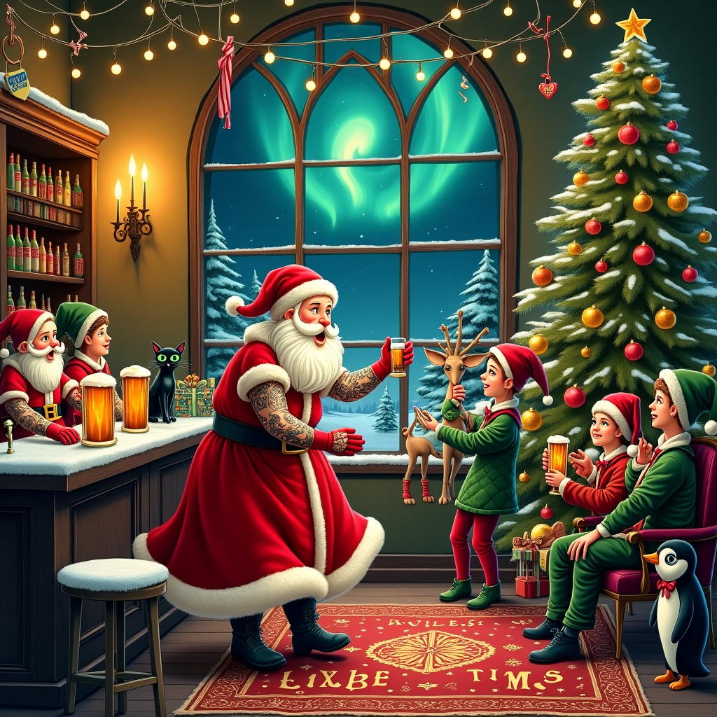 In the whimsical world of your Christmas card, the scene unfolds within a cozy, candle-lit tavern nestled amidst snow-capped evergreen trees. The tavern, with its old-world charm, boasts a grand stained-glass window depicting a swirling winter storm. Inside, the air is warm with laughter and clinking mugs. A merry band of eccentric characters are gathered for a festive celebration. At the center, a jovial Santa Claus, sporting a sleigh-full of tattoos on his arms, is dancing a lively jig with Mrs. Claus, her dress swirling like a red velvet dream. Their dance floor is an ornate rug with intricate patterns reminiscent of Aubrey Beardsley's art. Overhead, strings of twinkling lights are draped in the form of Kimberley's name, casting a gentle glow.

A black cat with eyes like green marbles lounges on the bar counter, watching the merriment with a knowing gaze, a pint of frothy ale playfully balanced beside it. On one side of the room, a group of elves, each boasting unique tattoos of mistletoe and snowflakes, raise their glasses in a toast to love and friendship. To the right, in a cozy corner, a couple exchange gifts beneath a sprig of mistletoe, their faces lit with joy.

The scene is completed with a towering Christmas tree adorned with quirky ornaments – a miniature tattooed reindeer, a dancing penguin, and a heart-shaped bauble inscribed with 'Love.' Outside the frosty window, the Northern Lights sweep across the sky, spelling out "Kimberley" in a stunning dance of colors, ensuring the recipient's name is woven seamlessly into this tapestry of yuletide cheer.
Generated with these themes: Christmas, Drinking, Dancing, Tattoos, Love, Black cat, and .
Made with ❤️ by AI.