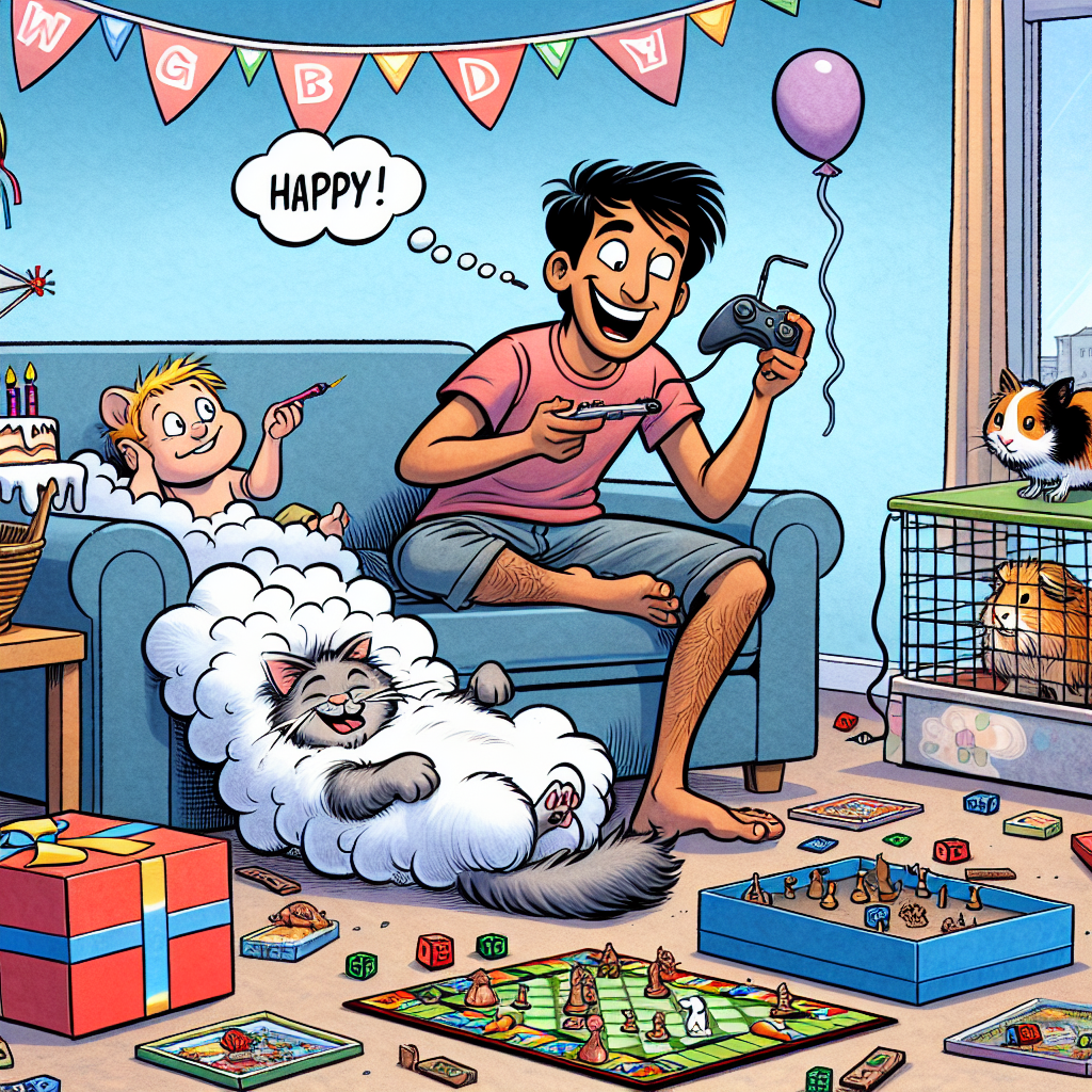 A jovial cartoon portrays an animated birthday party. In the middle, a young South Asian man relaxes comfortably on a sofa, a generic video game controller in hand, as he enjoys a cloud-producing device session. Next to him, his young blond son, of Caucasian descent, chuckles while planning his next move in one of the several board games spread out on the floor. Contributing to the playful disorder, a fluffy Ragdoll cat stretches out languidly over the game boxes, while a calico cat inquisitively pats at a rolling dice. Tucked away in the corner, a delighted guinea pig observes the celebrations from within its warm cage, which is nestled amidst birthday decorations.
Generated with these themes: Young man lying on sofa vaping and xbox, Young blond boy son, Board games, Ragdoll cat, Calico cat, and Guinea pig.
Made with ❤️ by AI.