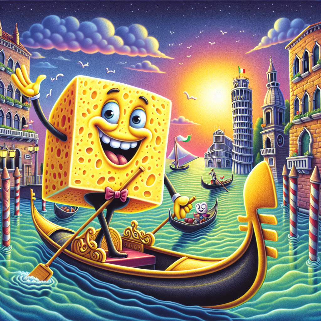 An imaginative illustration shows a cheerful, square-shaped, yellow sea sponge in a gondolier's attire, waving jubilantly with one hand while skilfully navigating a gondola through tranquil canals of a whimsical representation of Venice. The sky is filled with the radiant colors of a dying sun, adding warmth to the scene, while the sea sponge's radiant smile and jubilant 'Arrivederci!' send a heartwarming farewell. Scenic Italian landmarks such as a leaning tower are creatively woven into a bustling underwater cityscape in the backdrop.
Generated with these themes: Spongbob italy.
Made with ❤️ by AI.