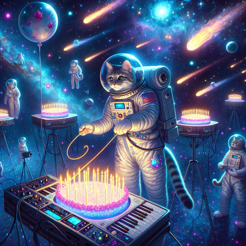 Imagine an ethereal dreamscape in outer space where cats wearing customized spacesuits float in zero gravity. Their dainty paws are seen elegantly touching the illuminated keys of hovering synthesizers, producing celestial harmonies that fill the cosmic void. As comets streak through the interstellar darkness, leaving behind showers of resplendent stardust, these keen feline astronauts curiously gaze through enormous telescopes spread in the area. They observe enigmatic birthday banners that appear to be magically stretched between the distant stars. This cosmic event is accentuated by an inexplicably beautiful backdrop showcasing swirling nebulas and blinking lights, creating a heartening ambiance for an extraordinary celestial birthday celebration.
Generated with these themes: Cats, Synthesisers, Space, and Telescopes.
Made with ❤️ by AI.