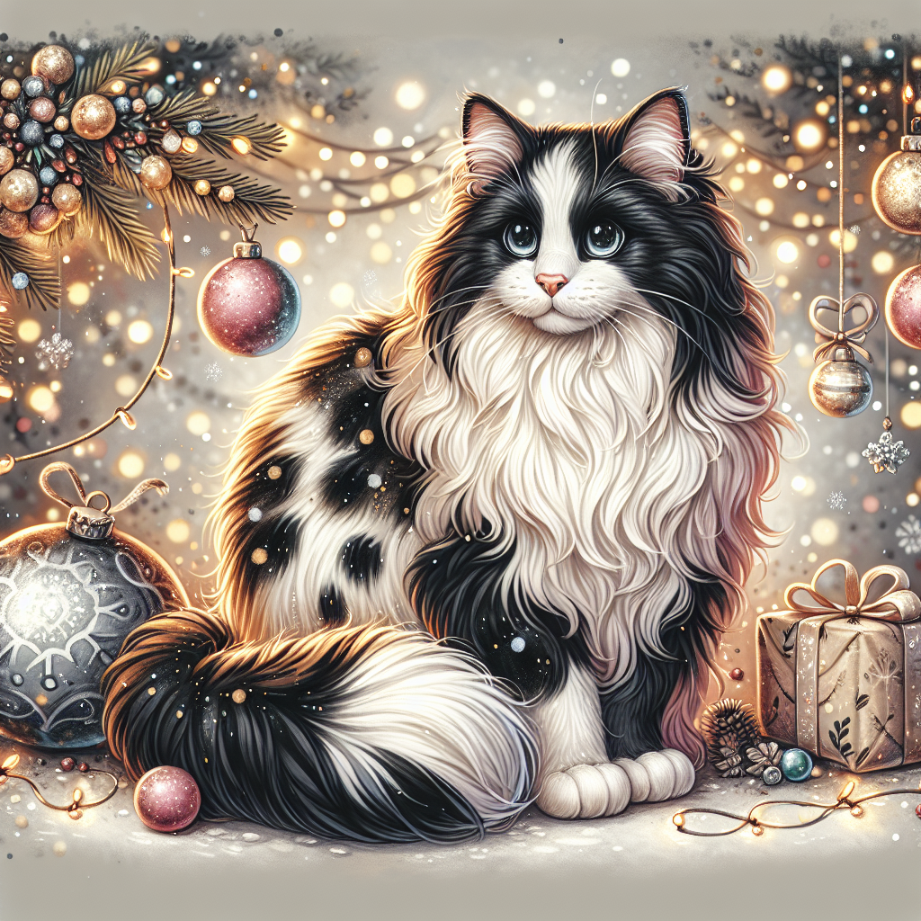 A cute, cartoonish Christmas scene unfolds with a stout, adult domestic long-haired cat at its heart, sporting a black and white coat. The cat is surrounded by holiday cheer, though the resolution and light playfully obscure the eyes, adding to the whimsical feel of the illustration.
.
Made with ❤️ by AI.