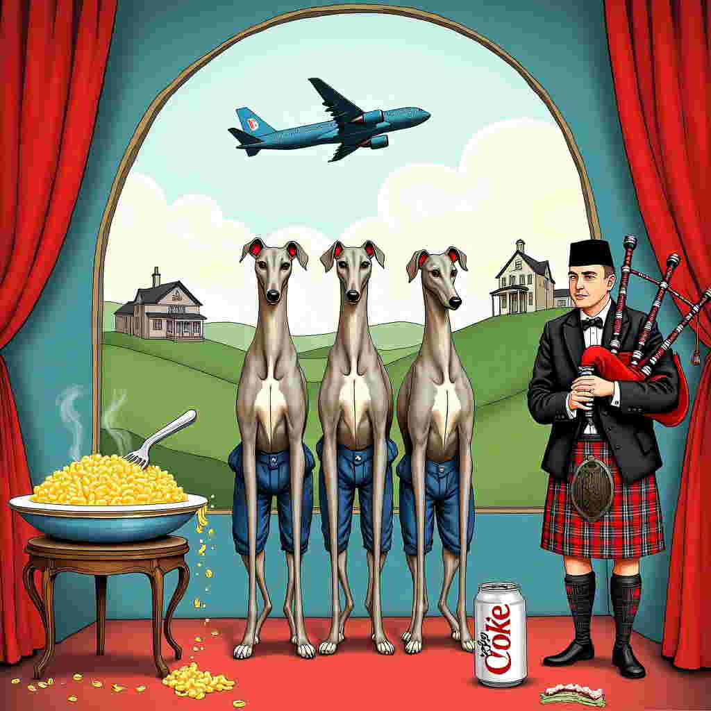 The front cover of the greeting card features a vibrant and intricate hand-drawn scene, teeming with whimsical elements. At the center, a trio of elegantly slim Italian greyhounds stands proudly on a stage reminiscent of a Bridgerton-style ballroom, complete with grand arches and lavishly draped curtains. Each greyhound is adorned with blue and lacey pants, contributing a quirky sense of fashion to their poise. Their sleek coats are a soft grey, and their eyes are alert and intelligent.

To the left, a large, steaming dish of macaroni cheese sits on a small ornate table. The macaroni cheese is depicted in creamy yellows and golden hues, with cheese oozing over the sides in a deliciously exaggerated manner. A silver fork is poised above the dish, ready to dive in.

In the background, a vintage jet airplane, painted in shades of blue and silver, soars across the sky, leaving a trail of fluffy white clouds that blend into the soft, pastel backdrop of the sky. Below, rolling green hills are dotted with stately Victorian homes, adding an air of refinement to the scene.

Perched upon a grassy knoll on the right, a bagpiper in traditional tartan attire plays his instrument with visible gusto. The bagpipes are adorned with plaid patterns of rich reds, greens, and blues, contrasting against the muted, earthy tones of the bagpiper's attire.

On a nearby table, a sleek can of Diet Coke rests, its silver surface catching the light. The iconic red lettering is visible, providing a contemporary touch amidst the more classical elements of the scene.

Overall, the illustration uses a palette of rich blues, soft grays, and vibrant accents of red and gold. The intricate linework is reminiscent of Edward Gorey's detailed style, while the playful arrangement of elements draws inspiration from Quentin Blake's whimsical layouts. The setting is both elegant and humorous, capturing the essence of celebration in a uniquely charming way.
Generated with these themes: Italian greyhounds, Macaroni cheese, Bridgerton, Blue, Lacey pants, Jets, Bagpipes, and Diet coke.
Made with ❤️ by AI.