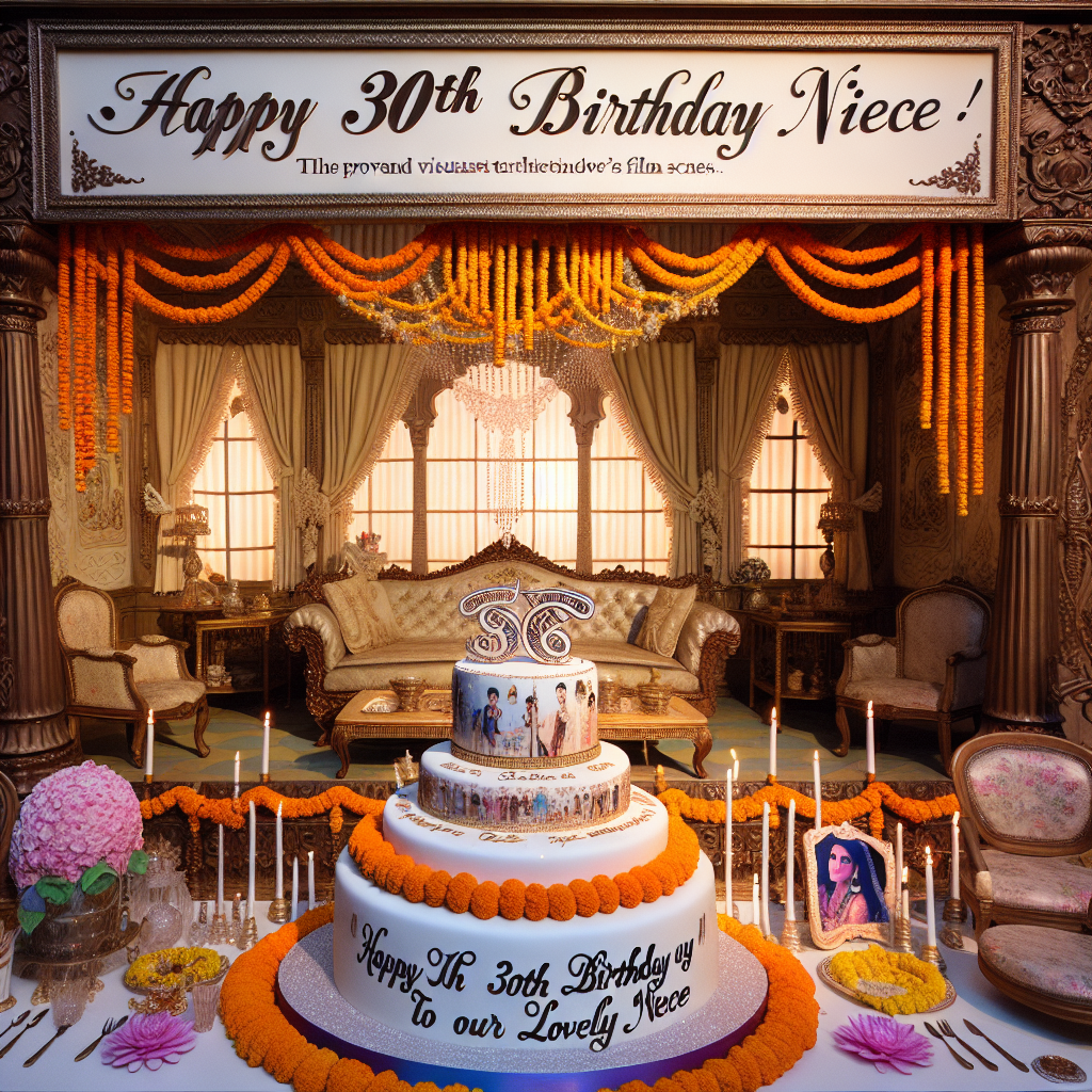 Imagine a festive 30th birthday scene filled with radiant happiness and intricate details, evoking the profound visual storytelling of Bollywood films. The room is embellished with elegant, lifelike decorations that exude warmth. There's a banner written in an elegant script that reads 'Happy 30th Birthday to our lovely niece,' framed by a garland of marigolds, providing a glimpse of a traditional Bollywood film set. The cake, a magnificent piece of confectionery craft, is studded with edible glitter and designed with motifs from iconic Bollywood cinema scenes, encapsulating both the distinctive characteristics of the film industry and a personal touch for the cherished niece.
Generated with these themes: Happy 30th birthday to our lovely niece, and Bollywood movies.
Made with ❤️ by AI.