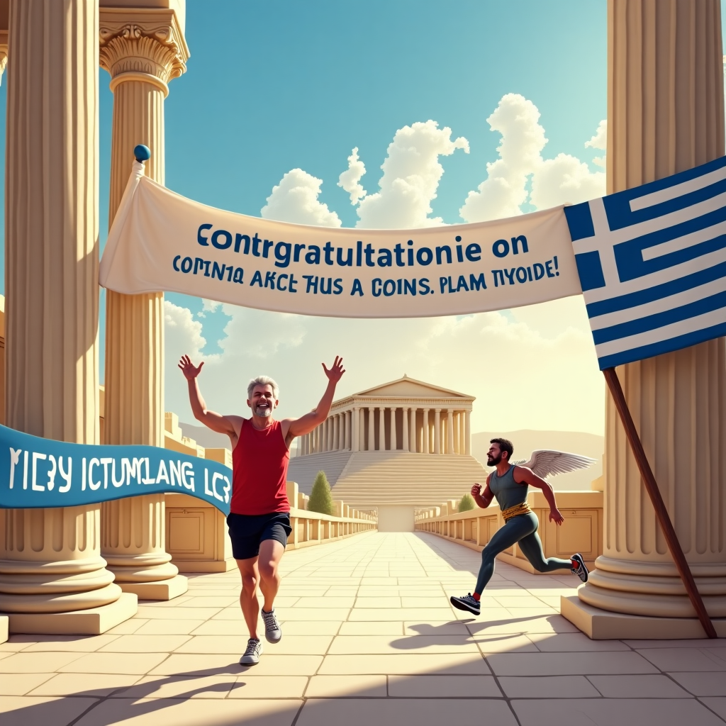 Acropolis hill, Athens, Runner wearing red vest, black shorts and white trainers and grey hair no beard, Crossing finish line, Congratulations on completing the Athens marathon, Greek flag, and Hermes running Congratulations Card