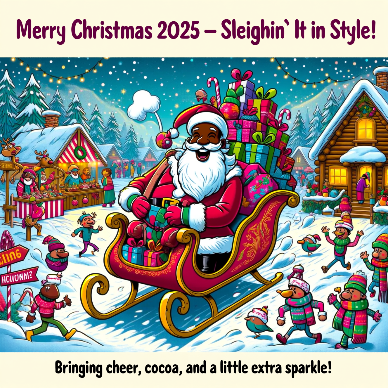 At the top of the image, **"Merry Christmas 2025 – Sleighin’ It in Style!"**  

At the bottom of the image, **"Bringing cheer, cocoa, and a little extra sparkle!"**  

- In the center, create a vibrant, playful cartoon-style winter holiday scene with bold outlines and rich, saturated colors.  
- Feature an African American Santa Claus with a big, jolly grin, dressed in a classic red suit with quirky oversized mittens, riding a sleigh piled high with brightly wrapped gifts.  
- The sleigh is gliding past a cozy log cabin in the snowy woods, its windows glowing golden with warmth.  
- In the background, a charming vintage-style holiday market bustles with cartoon vendors selling candy canes, hot cocoa, and ornaments under twinkling Christmas lights.  
- Snowy streets are dotted with cheerful townsfolk in colorful scarves, oversized hats, and exaggerated, bouncy poses.  
- Add whimsical touches like reindeer with festive sweaters, candy-striped signposts, and little birds wearing tiny Santa hats.
Generated with these themes: CHRISTMAS , and .
Made with ❤️ by AI.